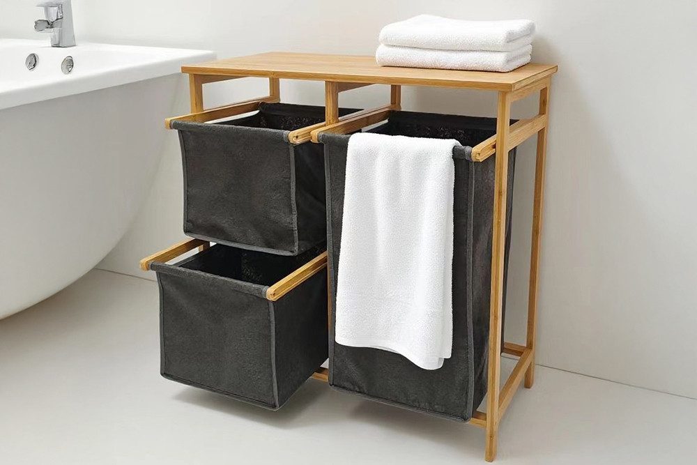 riess-ambiente Wäschekorb LAGOON SPA 70cm natur/grau – Bambus-Massivholz, 3 Wäschebeutel, FSC (Einzelartikel, 1 St), Wäschesammler mit ausziehbaren Säcken – ideal für vorsortierte Wäsche