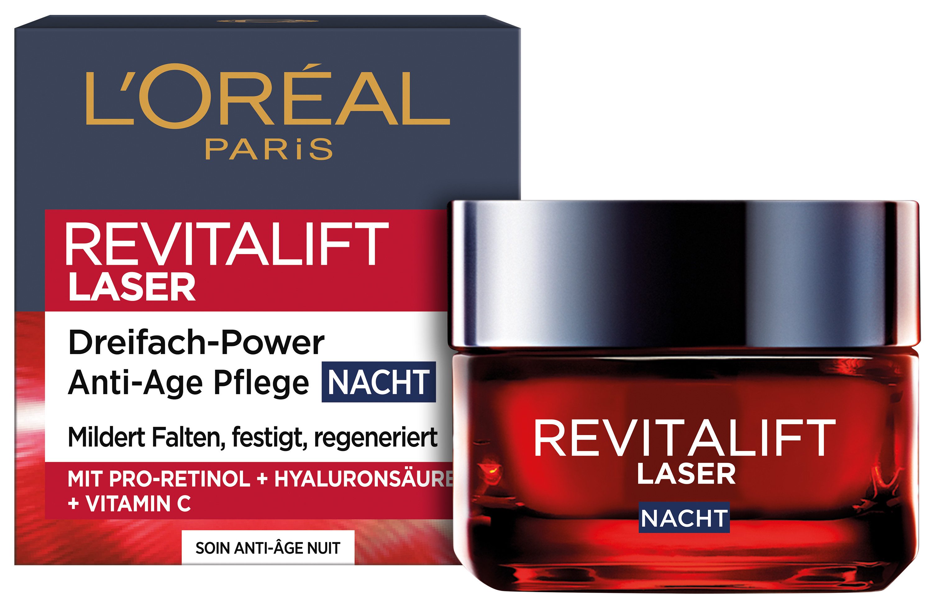 L'ORÉAL PARIS Nachtcreme REVITALIFT LASER DREIFACH-POWER ANTI-AGE NACHTPFLEGE, mit Pro-Retinol + Hyaluronsäure und Vitamin C
