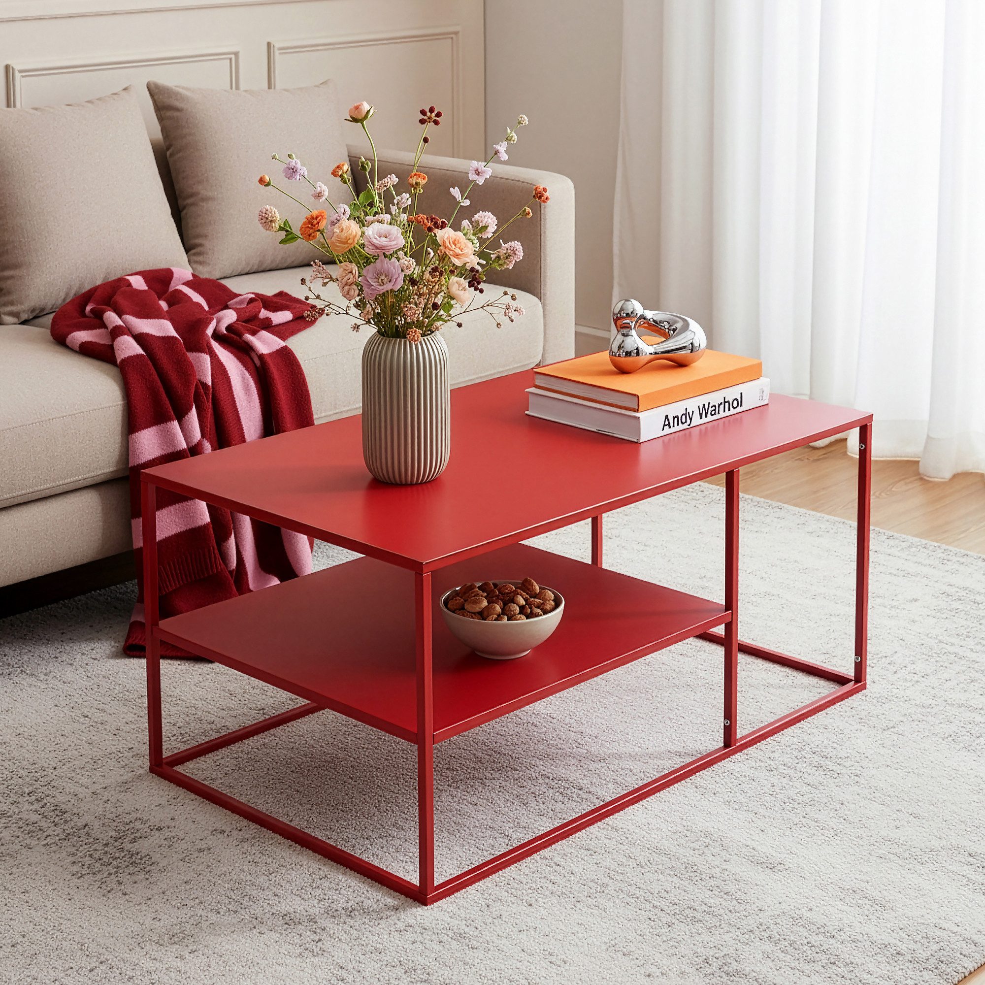 en.casa Couchtisch, »Solund« Beistelltisch Stahl 45x90x60 cm Rot