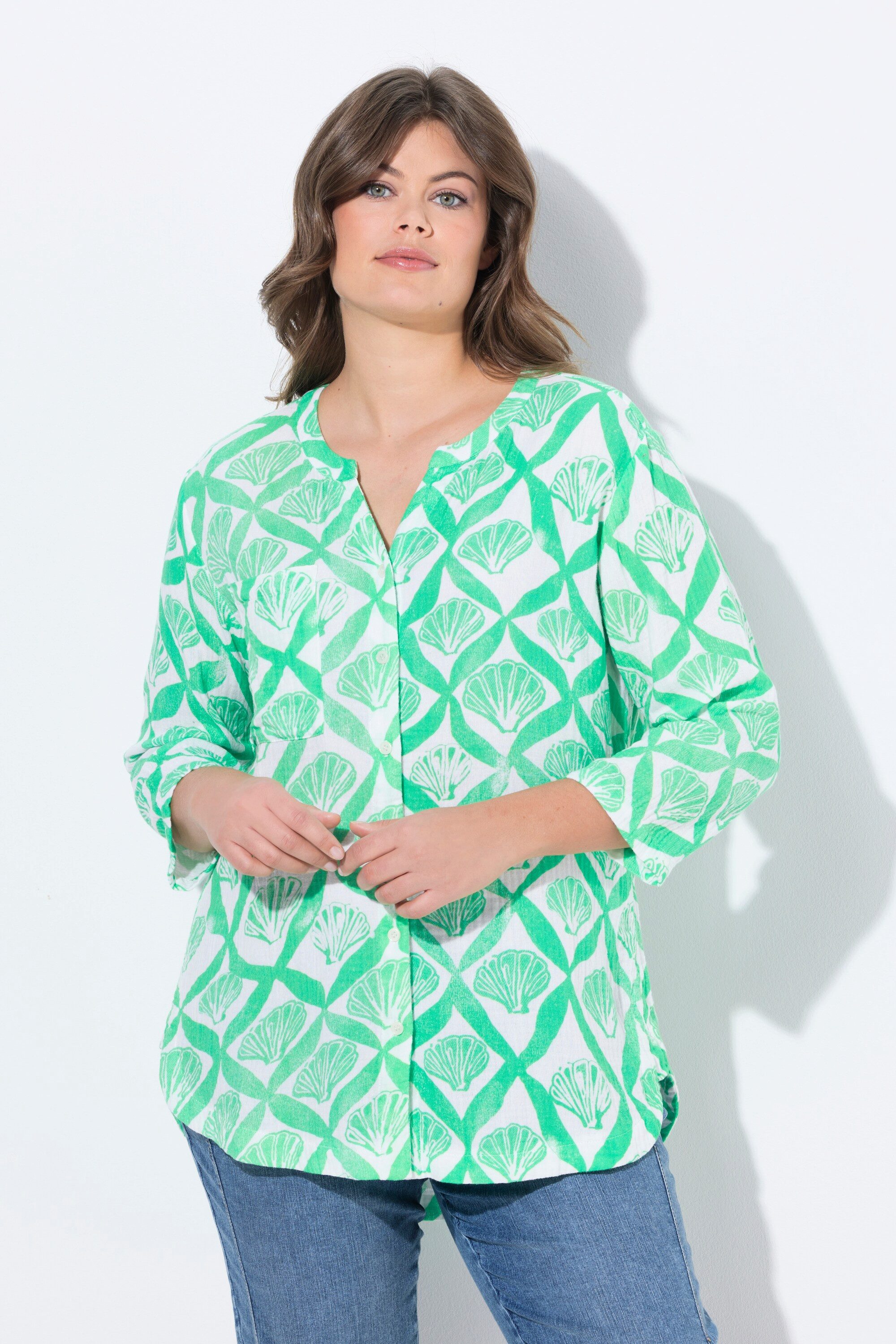 Longbluse Musselin-Bluse 3/4 Arm V-Ausschnitt