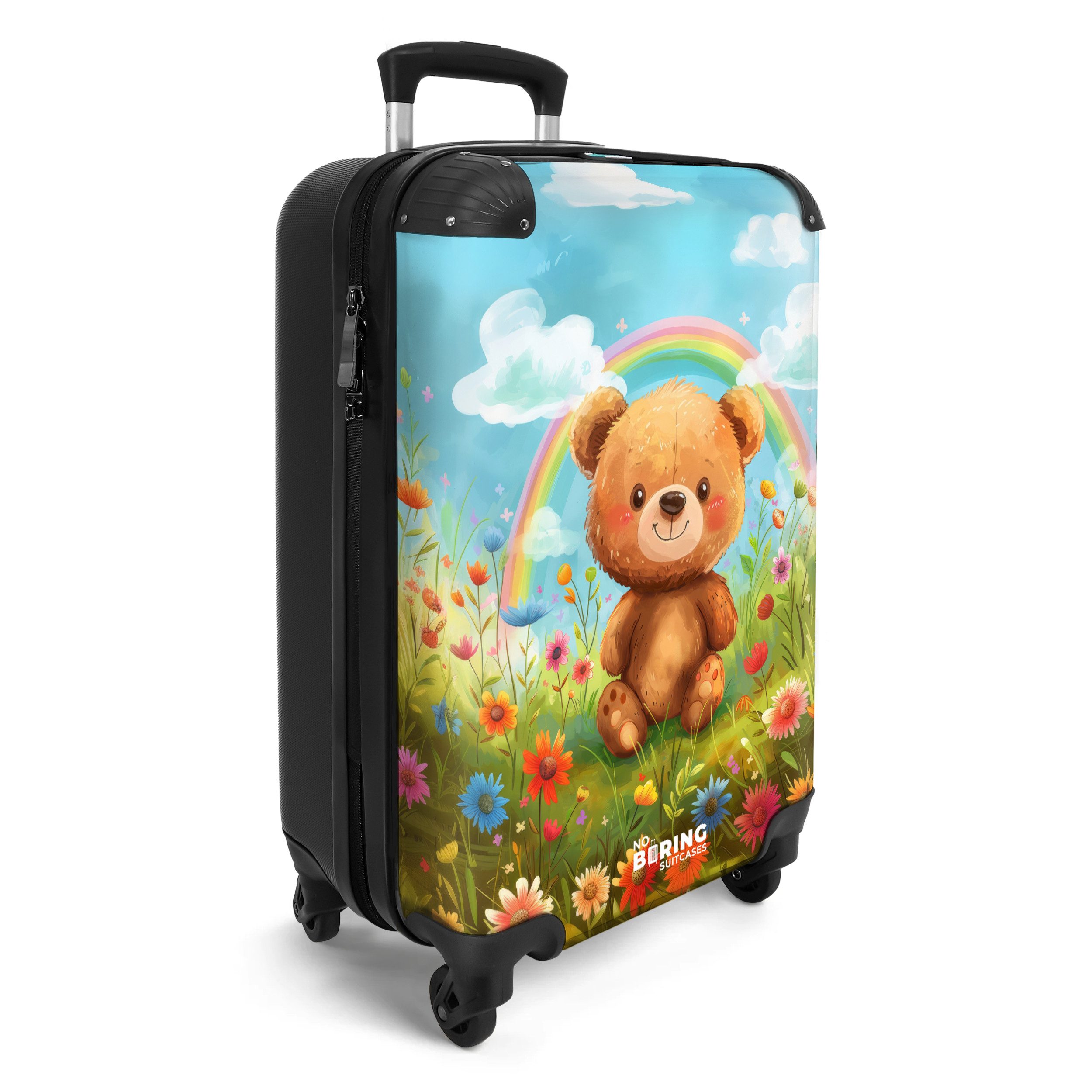 NoBoringSuitcases.com© Kinderkoffer Brauner Teddybär vor einem Regenbogen in einem Blumenfeld 55x35x20cm, 4 Rollen, Kinder Koffer Klein, Trolley Handgepäck, Reisekoffer