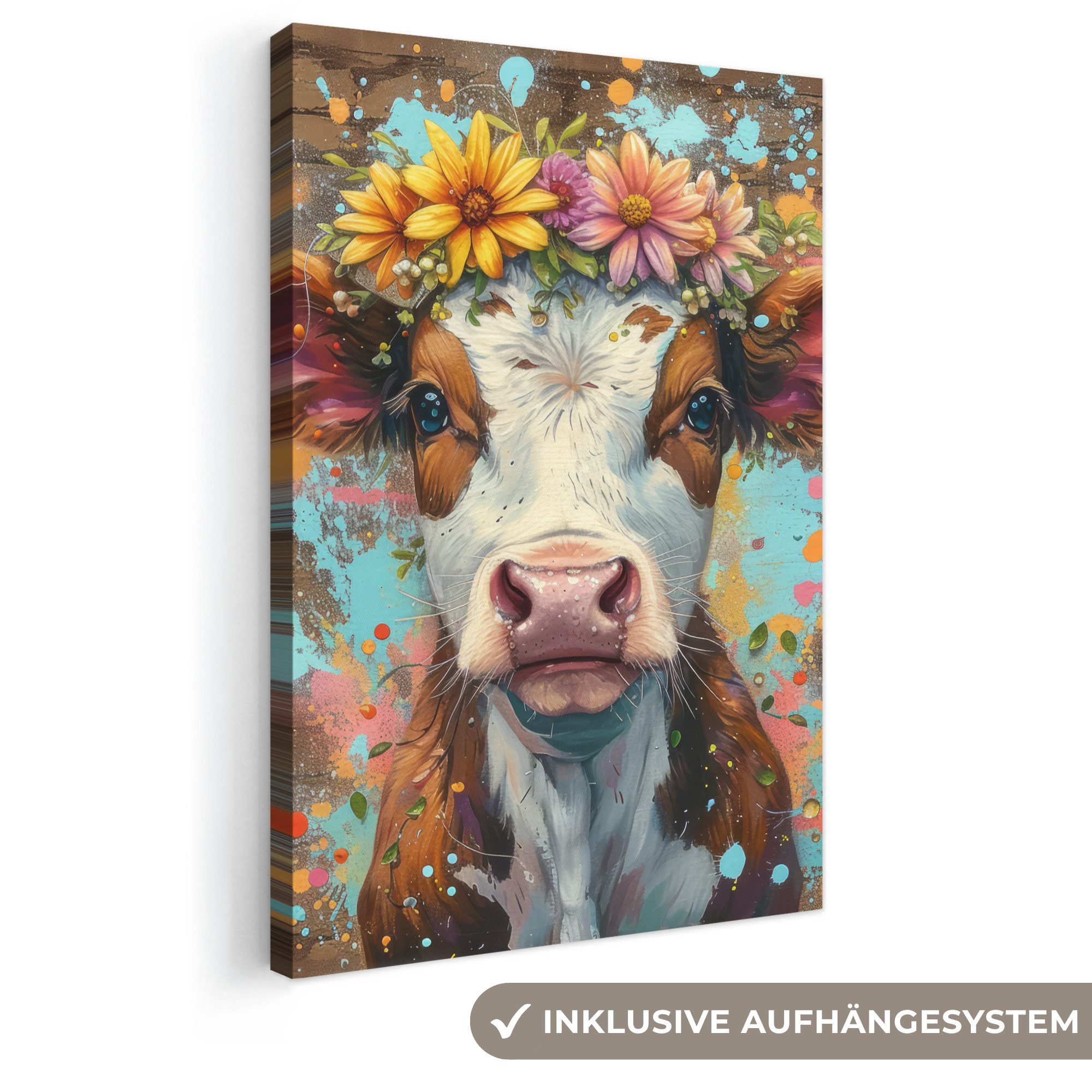 OneMillionCanvasses® Leinwandbild Kuh - Graffiti - Tiere - Blumen - Straßenkunst, Fotodruck (1 St), Leinwand Canvas Wandbild, Wanddekoration 20x30 cm