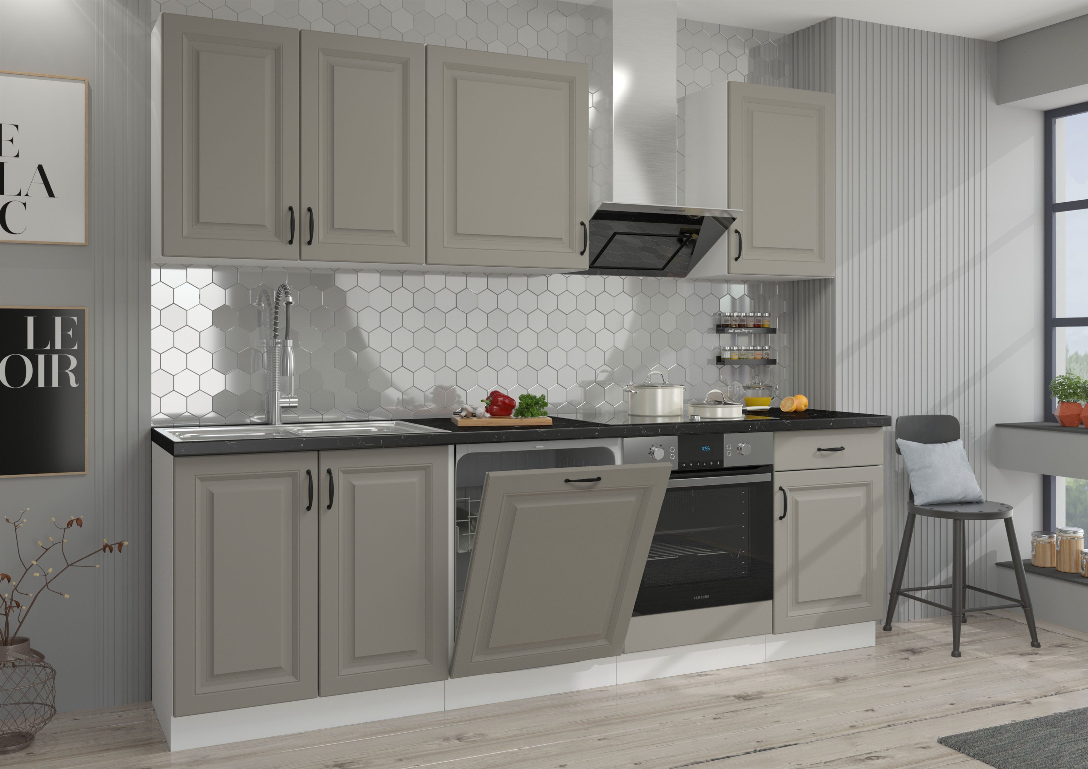Furnix Küchenzeile Ariatte 250 cm Einbau-Küche mit Hängeschränken ohne E-Geräte Grau/Weiß, 250x82x60 cm