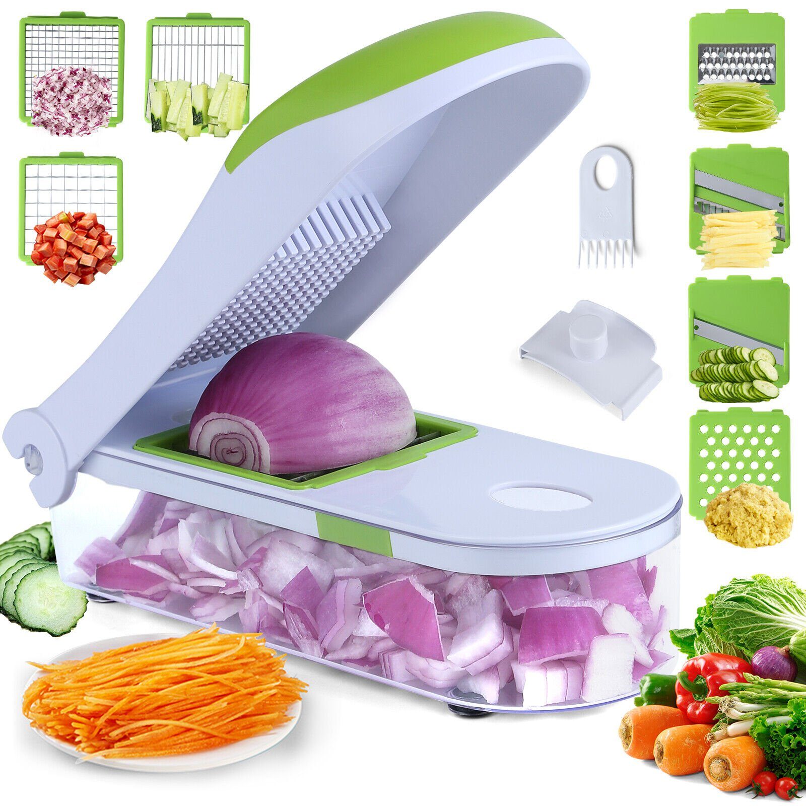 Gemüsehobel & Mandoline Set 16-teilig – Gemüseschneider Mit Glasbehälter, BPA-frei – Edelstahlklingen Zum Schneiden, Würfeln, Hobeln, Streifen – Gemüse Schneider Küchenhelfer - 2