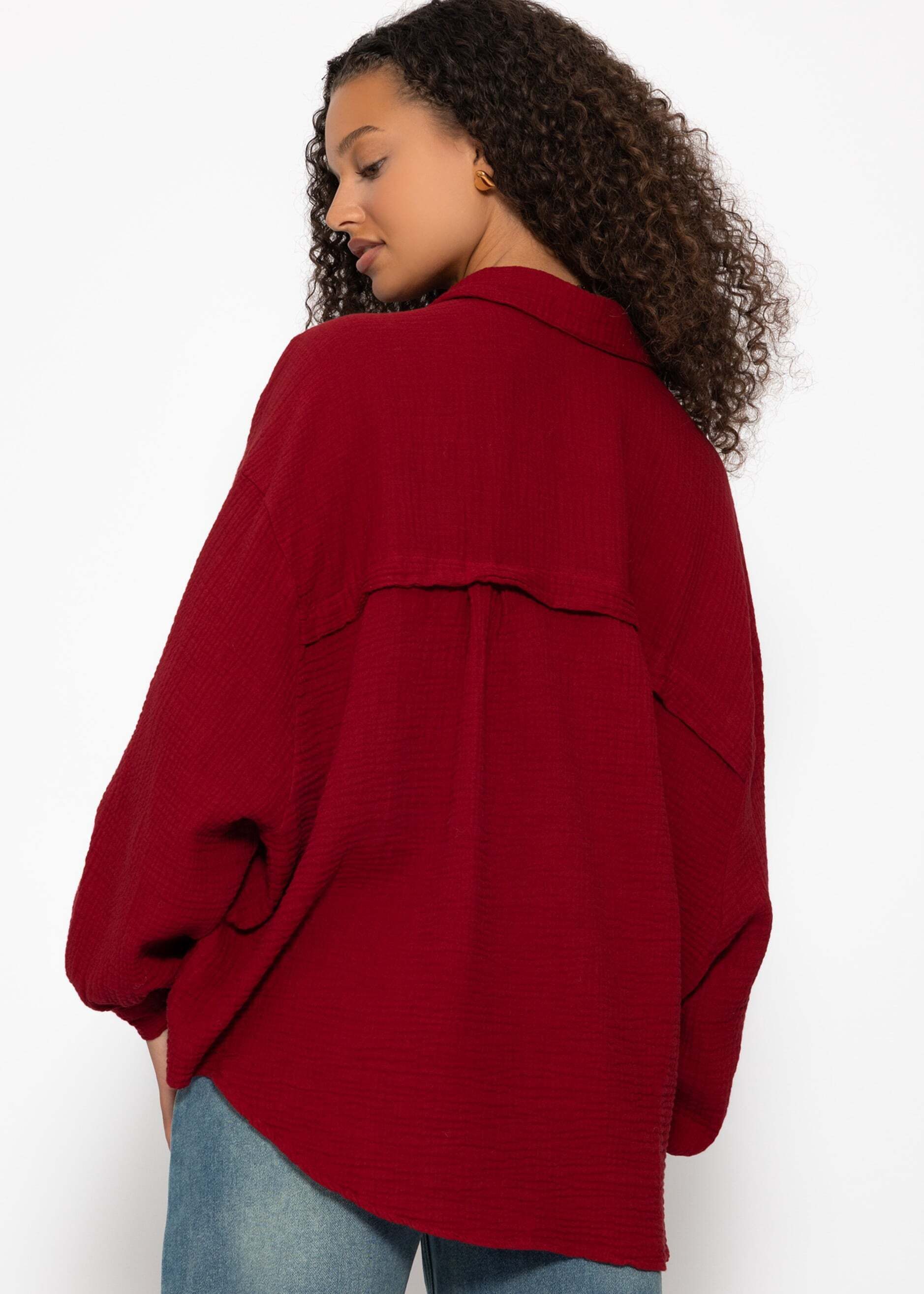 SASSYCLASSY Longbluse Oversize Musselin Bluse Damen kurz Langarm Elegant Hemdbluse lang aus Baumwolle mit V-Ausschnitt, One Size (Gr. 36-48)
