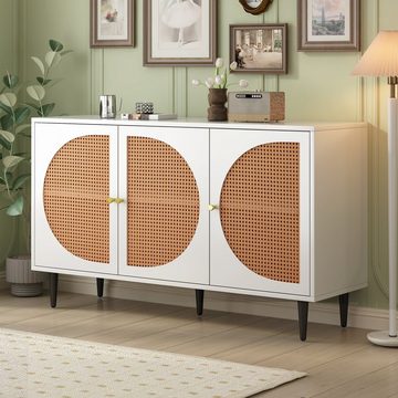 OKWISH Sideboard im Vintage-Stil mit 6 Fächern (Kommode mit 3 Rattan-Türen und Metallbeine, Breite 130cm, im Vintage-Stil mit 6 Fächern)