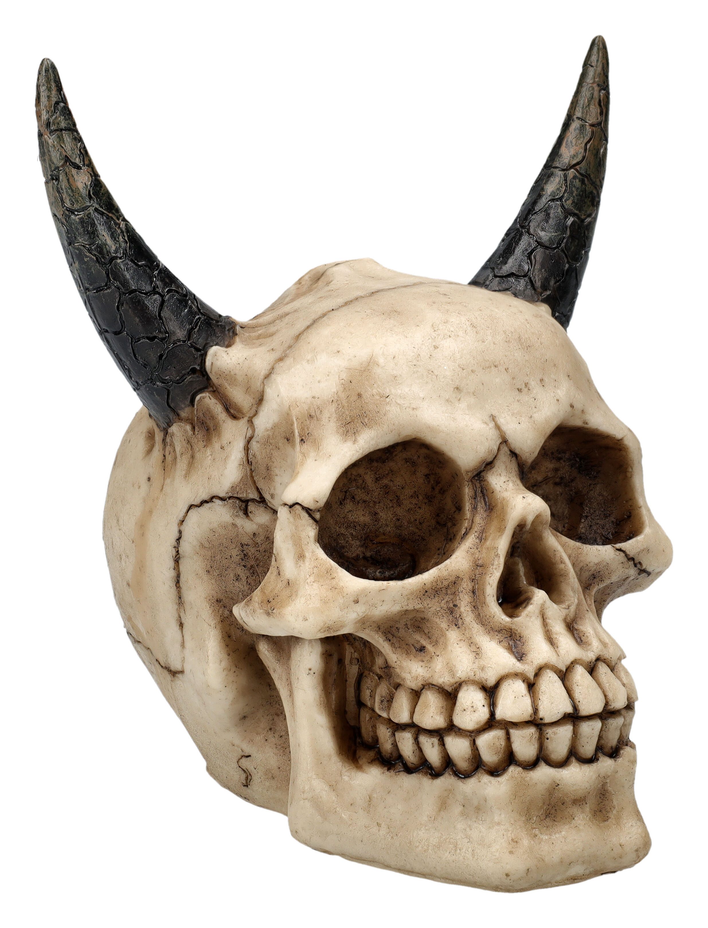 Figuren Shop GmbH Dekofigur Schädel Statue – Totenkopf mit Hörnern Sammlerfigur Gothic 13 cm Deko