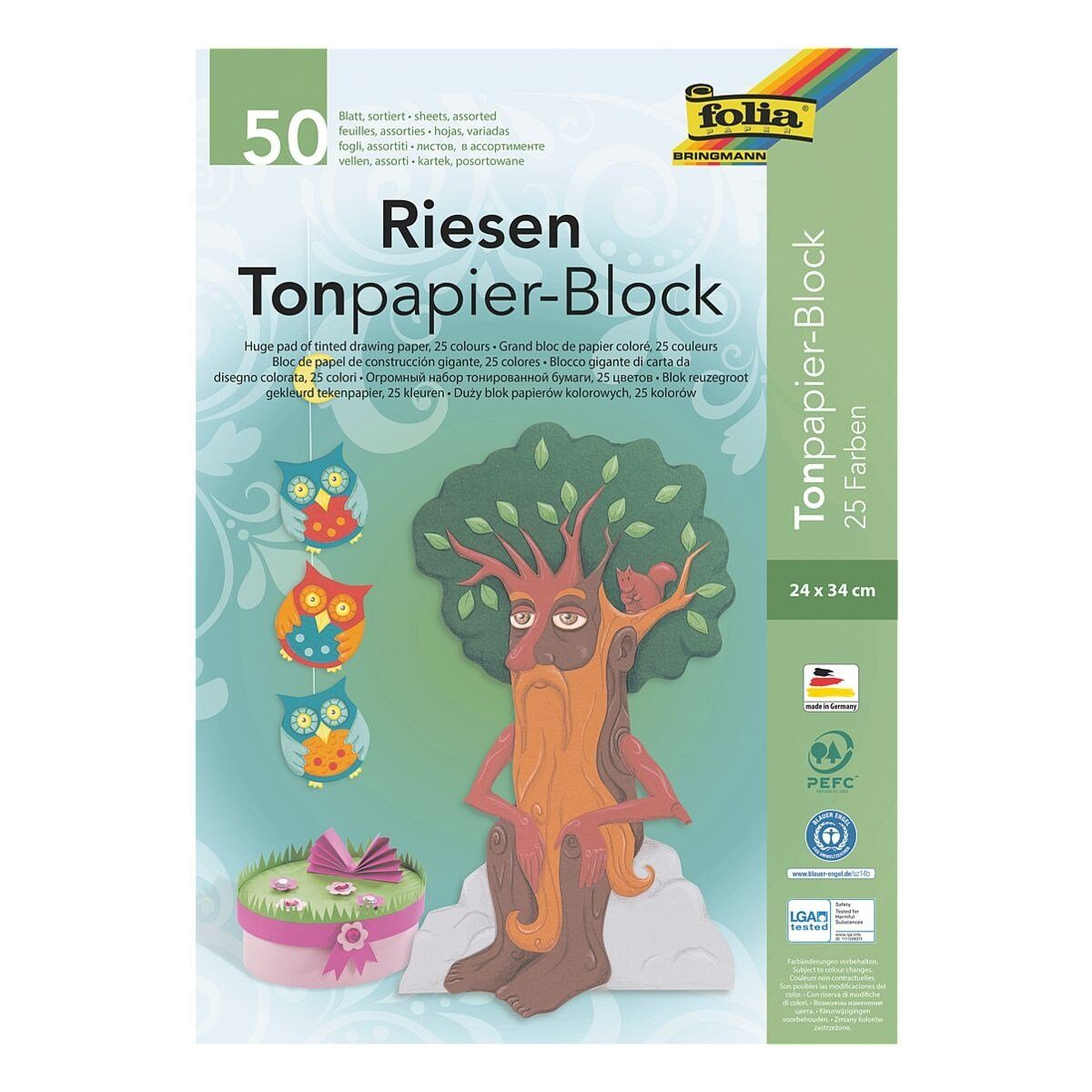 Folia Bastelkartonpapier, Riesen-Tonpapier in 25 Farben, Format 24x34 cm g/m², 50 Blatt