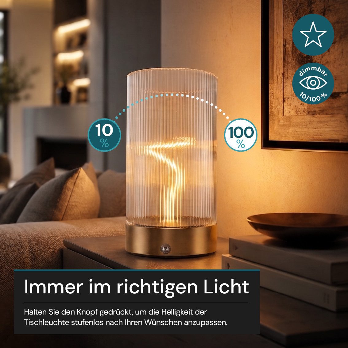 LUXULA LED Tischleuchte Kabellose Nachttischlampe, LED fest integriert, 2700K Warmweiß, Akku Tischleuchte 0.5W milchiges Glasgehäuse Dimmbar Messingoptik