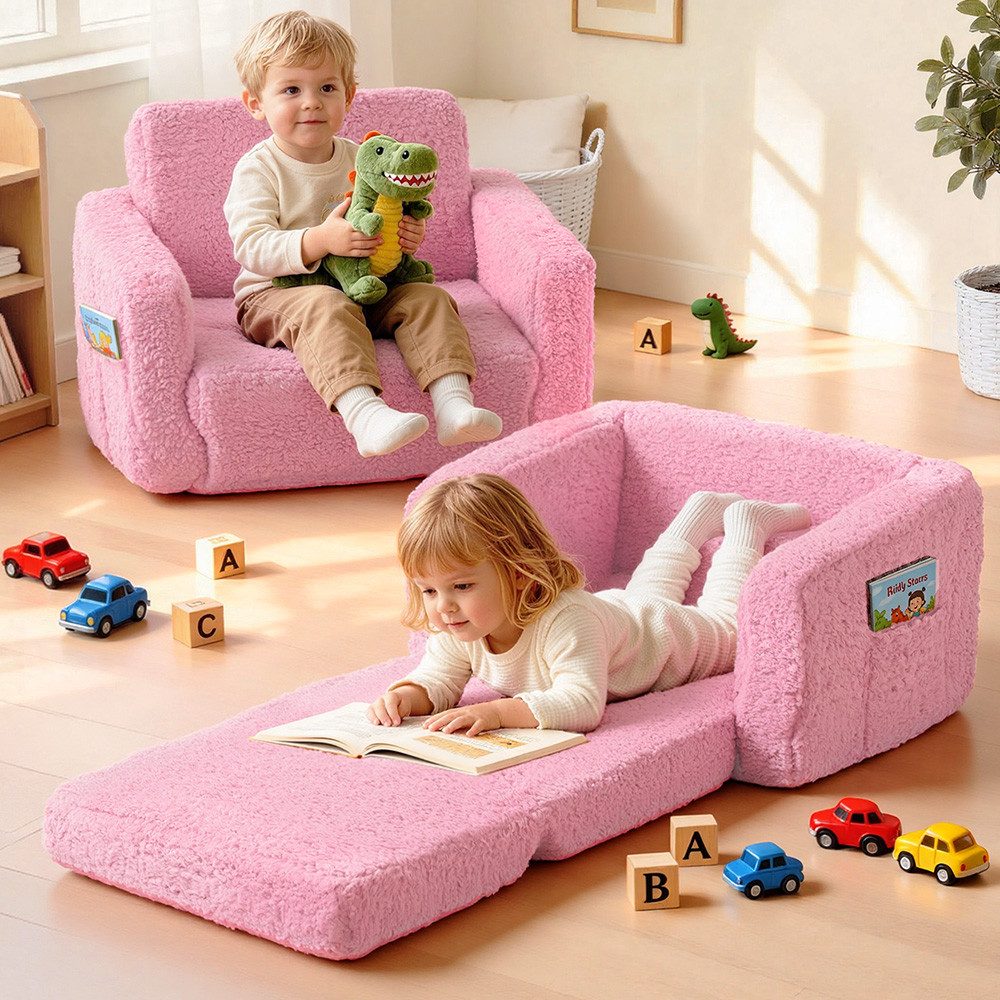 Insma Kindersofa Klappbar 2 in 1 Schlafsofa, Kindersessel Loungesessel mit Seitentasche und Griff