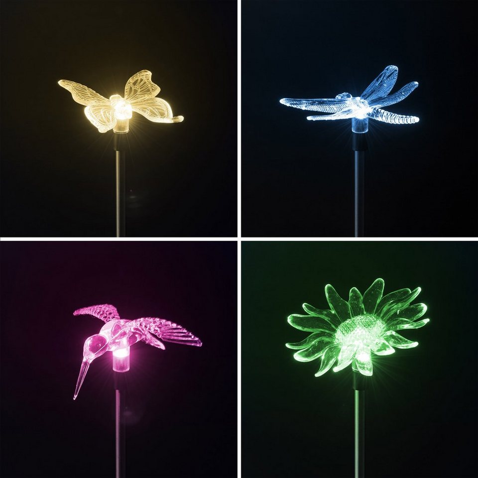 moderne Solarleuchte Blume, Kolibri, BONETTI Schmetterling, Libelle, 4 Gartenstecker, Set Solar automatischer Einschaltautomatik 4er Solarlampen, Farbwechsel, LED Motive: