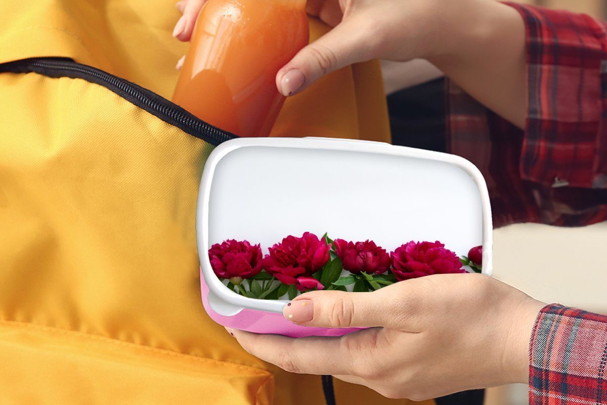 Snackbox, für roten Kunststoff, Kunststoff Lunchbox Erwachsene, rosa Brotbox MuchoWow Eine von Kinder, Reihe Pfingstrosen, Mädchen, (2-tlg), Brotdose