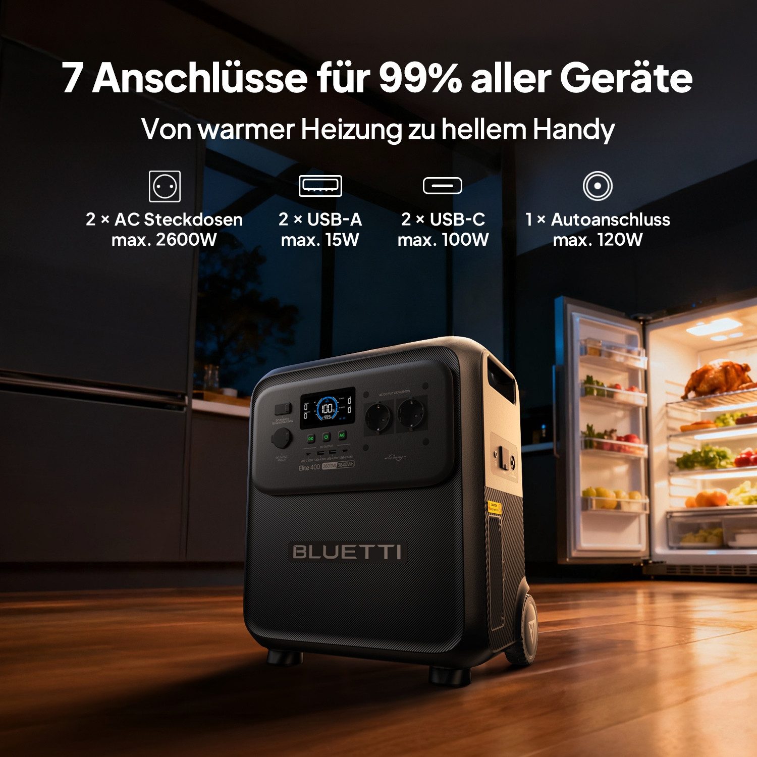 BLUETTI Stromerzeuger Elite 400 2600W/ 3840Wh Tragbare PowerStation (2026 Neu), 2,6 in kW, (3840Wh LFP-Batterie mit 2600W AC Ausgängen (3900W Power Lifting), mi – Bild 4 von 5