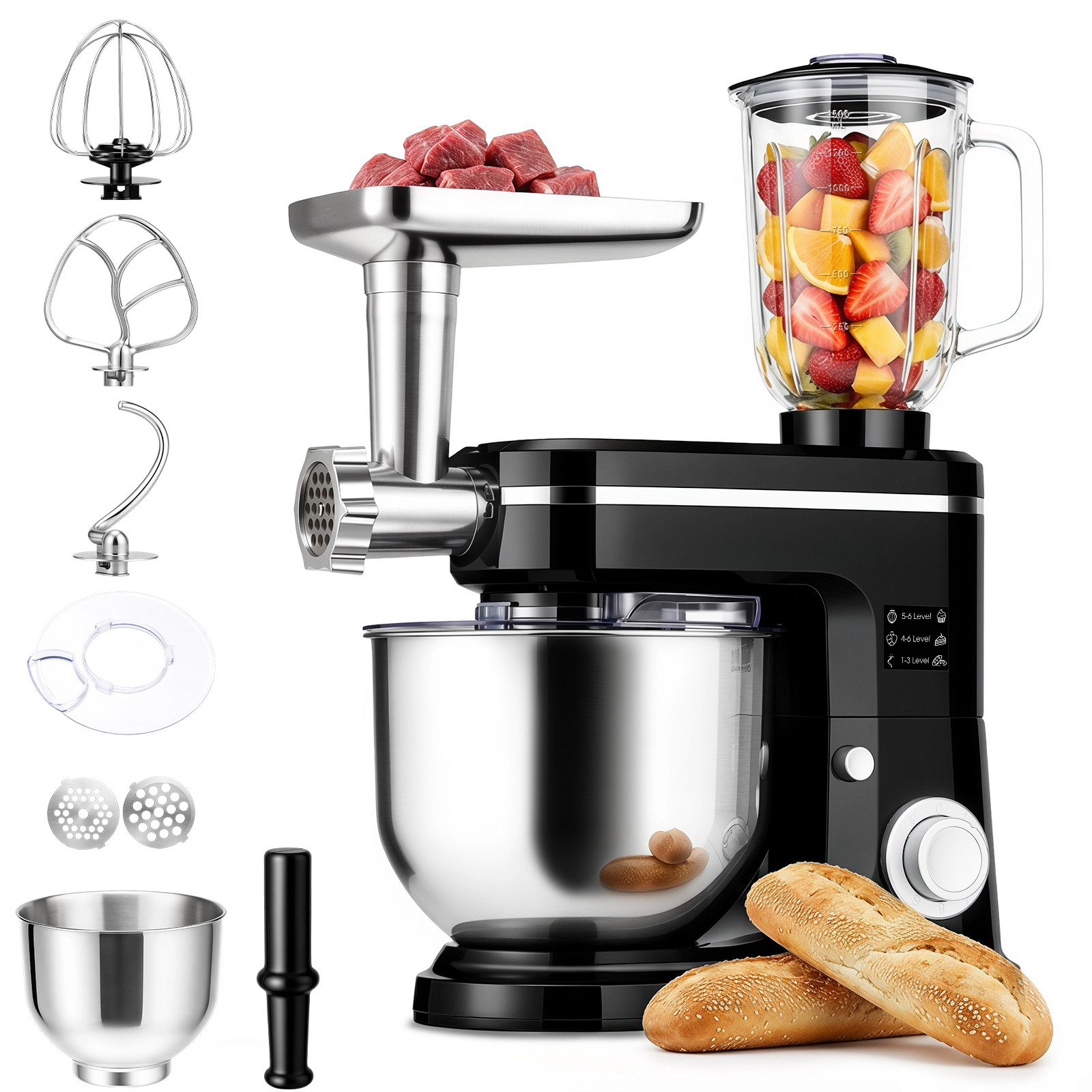 oyajia Küchenmaschine 3 in 1 Multifunktionale Knetmaschine 6-stufige Gescheindigkeit Mixer, mit Fleischwolf, 1.5L Saftpresse, 6L Edelstahlschüssel, 2000 W, 6 l Schüssel