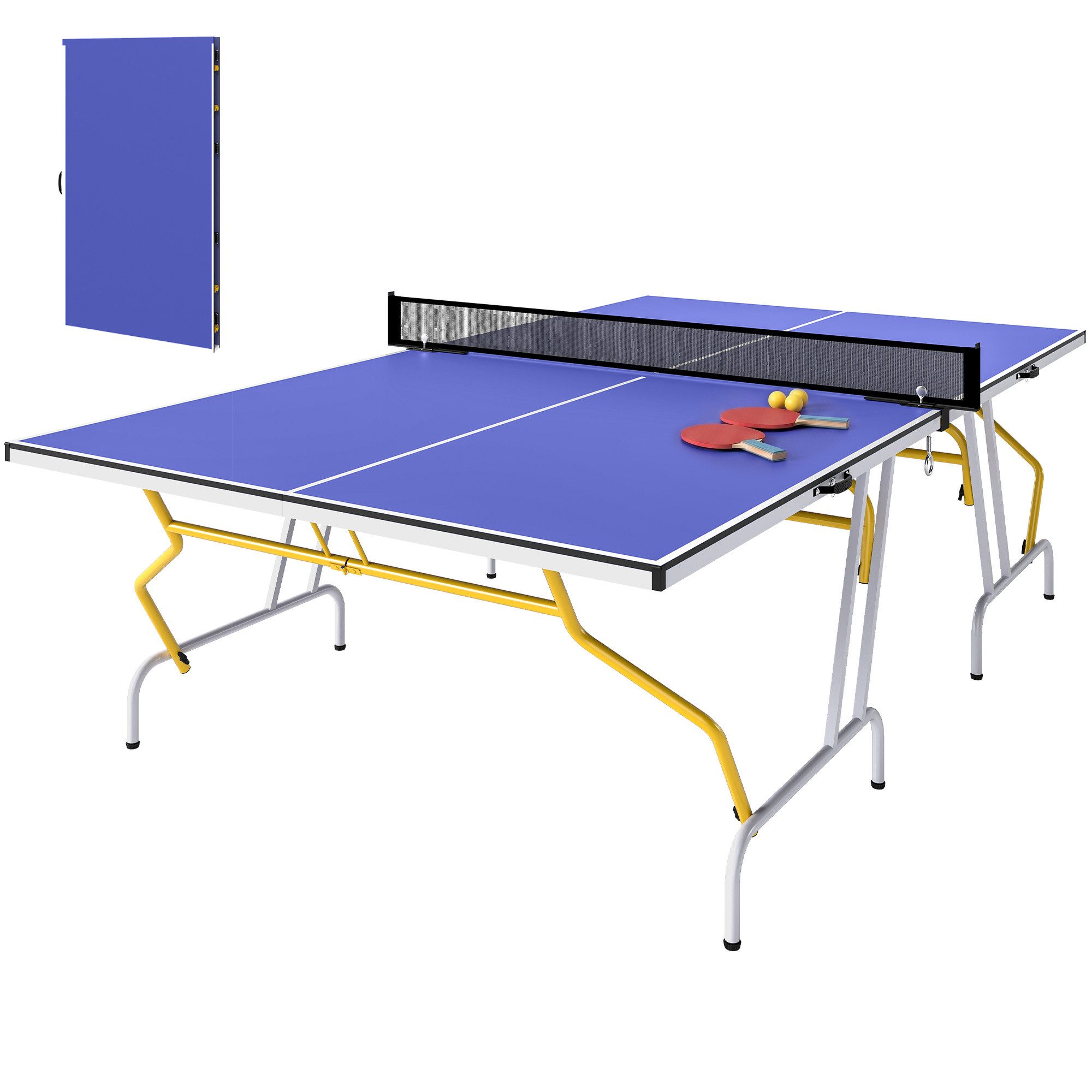 SPORTNOW Tischtennisplatte Klappbar, mit Tischtennisnetz, 2 Tischtennisschlägern, 3 Bällen (Tischtennistisch, 1-tlg., Spieltisch), mit Stahlrahmen, Blau