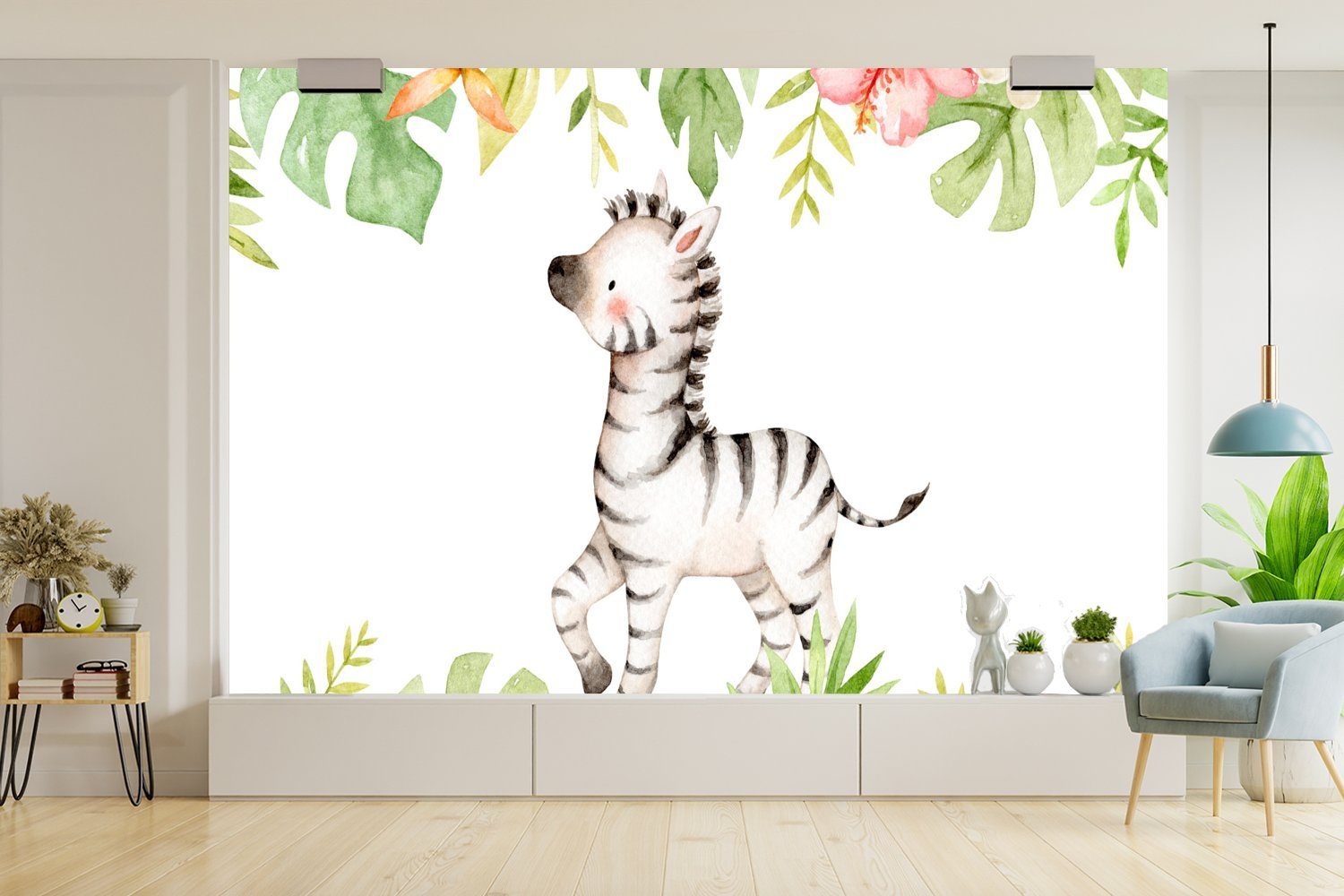 MuchoWow Fototapete Tapete St), für Dschungel Zebra bedruckt, Wohnzimmer, (6 Blumen Wallpaper - Schlafzimmer, Kinderzimmer, Aquarell, Vinyl - Matt, 