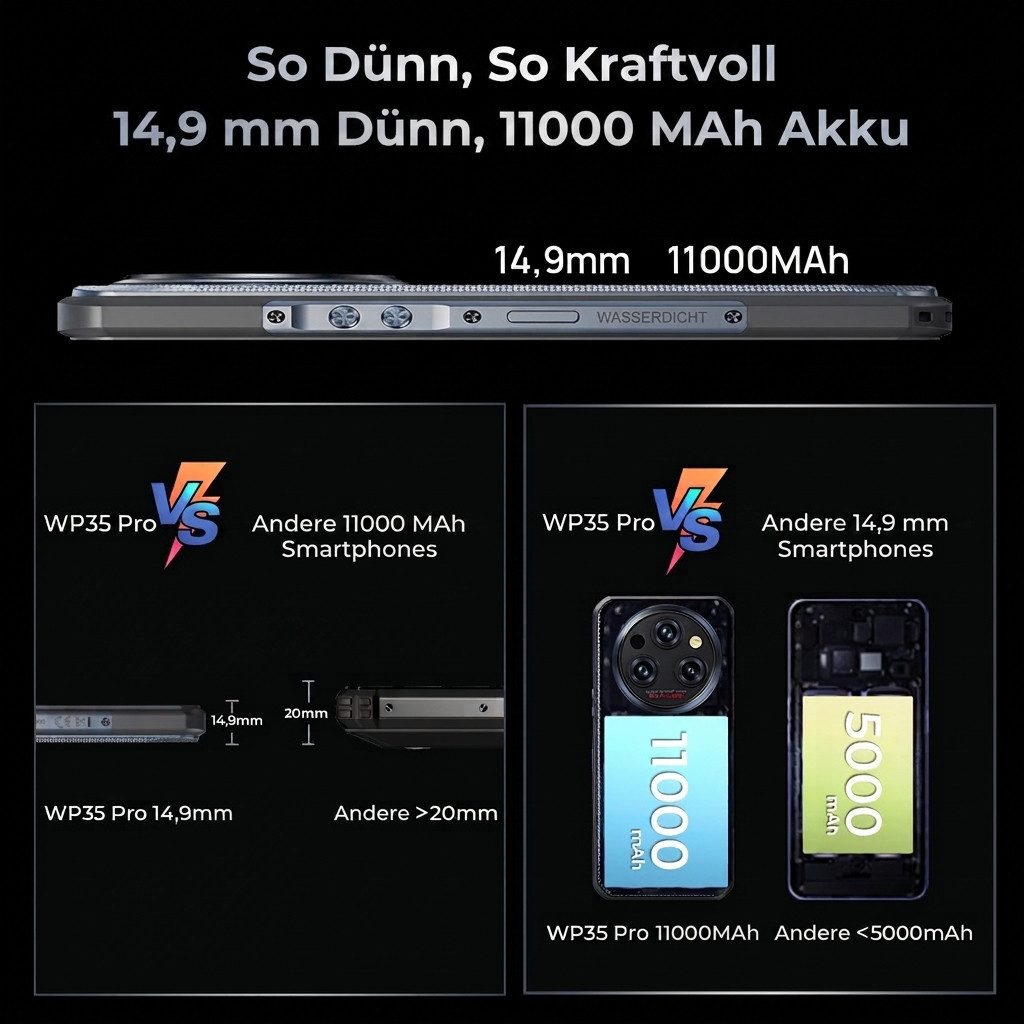 OUKITEL WP35 Pro 5G Robustes Smartphone 11000mAh 14,9mm dünn Outdoor Handy Smartphone (6.6 Zoll, 512 GB Speicherplatz, 64 MP Kamera, 36GB+512GB 108MP Kamera 6,6" 2.4K Display IP68/IP69K Android 14)