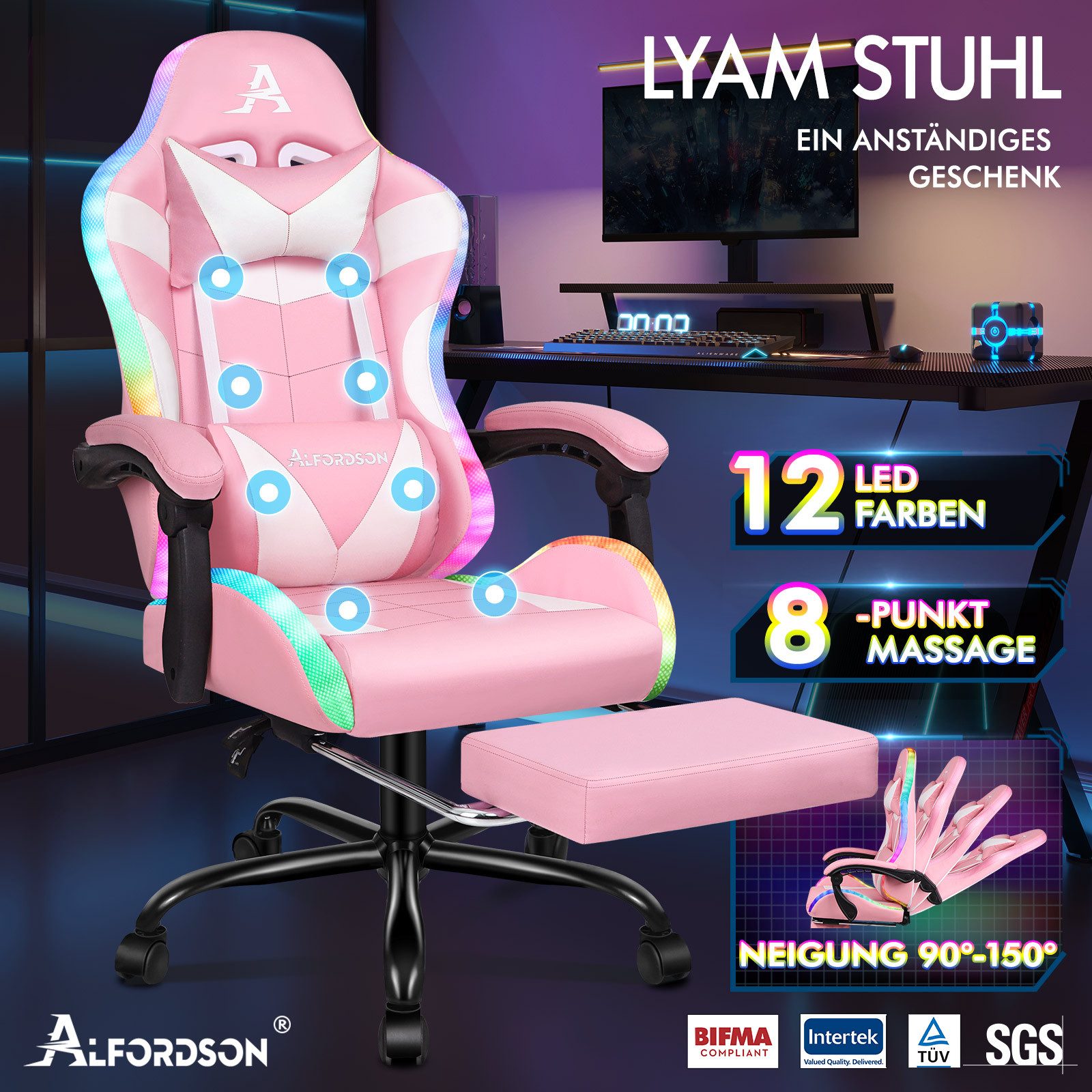 ALFORDSON Gaming-Stuhl Massagestuhl mit LED, ergonomischer Schreibtischstuh günstig online kaufen