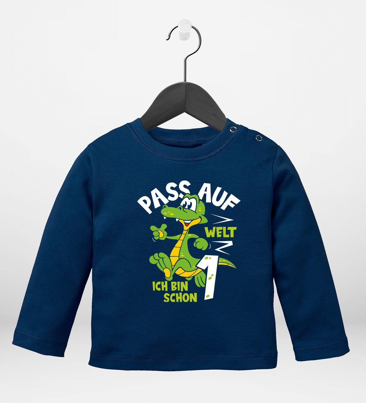 Rundhalsshirt Baby Langarm-Shirt 1. Geburtstag Krokodil Drache Pass auf Welt bin