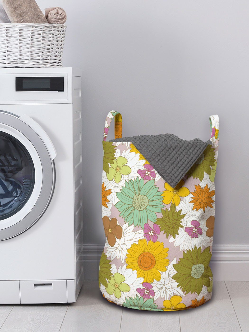 Abakuhaus Wäschesäckchen Wäschekorb mit Kordelzugverschluss Frische Griffen für Blume Retro Nature Theme Waschsalons