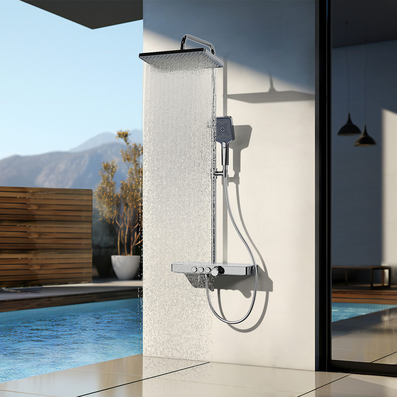 EMKE Duschsystem mit Thermostat Regendusche und Handbrause 3 Strahlarten mit Armatur, Höhe 85 cm, 3 Strahlart(en), 3 Strahlart, Wasserauslass Verbrühungsschutz, Duschamaturenset, Chrom