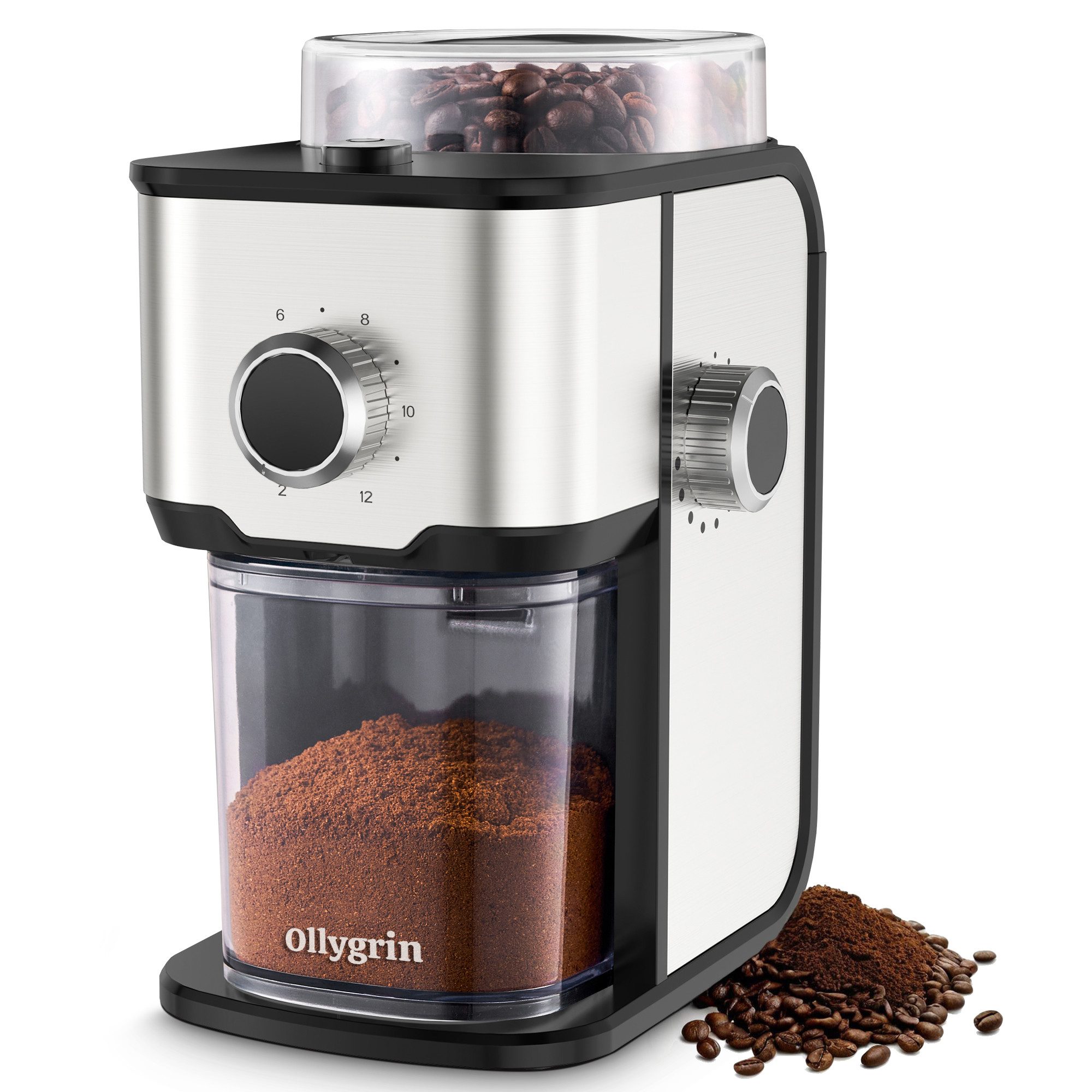 Ollygrin Kaffeemühle Elektrische Kaffeemühle, 14 Mahlgradeinstellungen, Edelstahl, 110 W, Scheibenmahlwerk, 250 g Bohnenbehälter