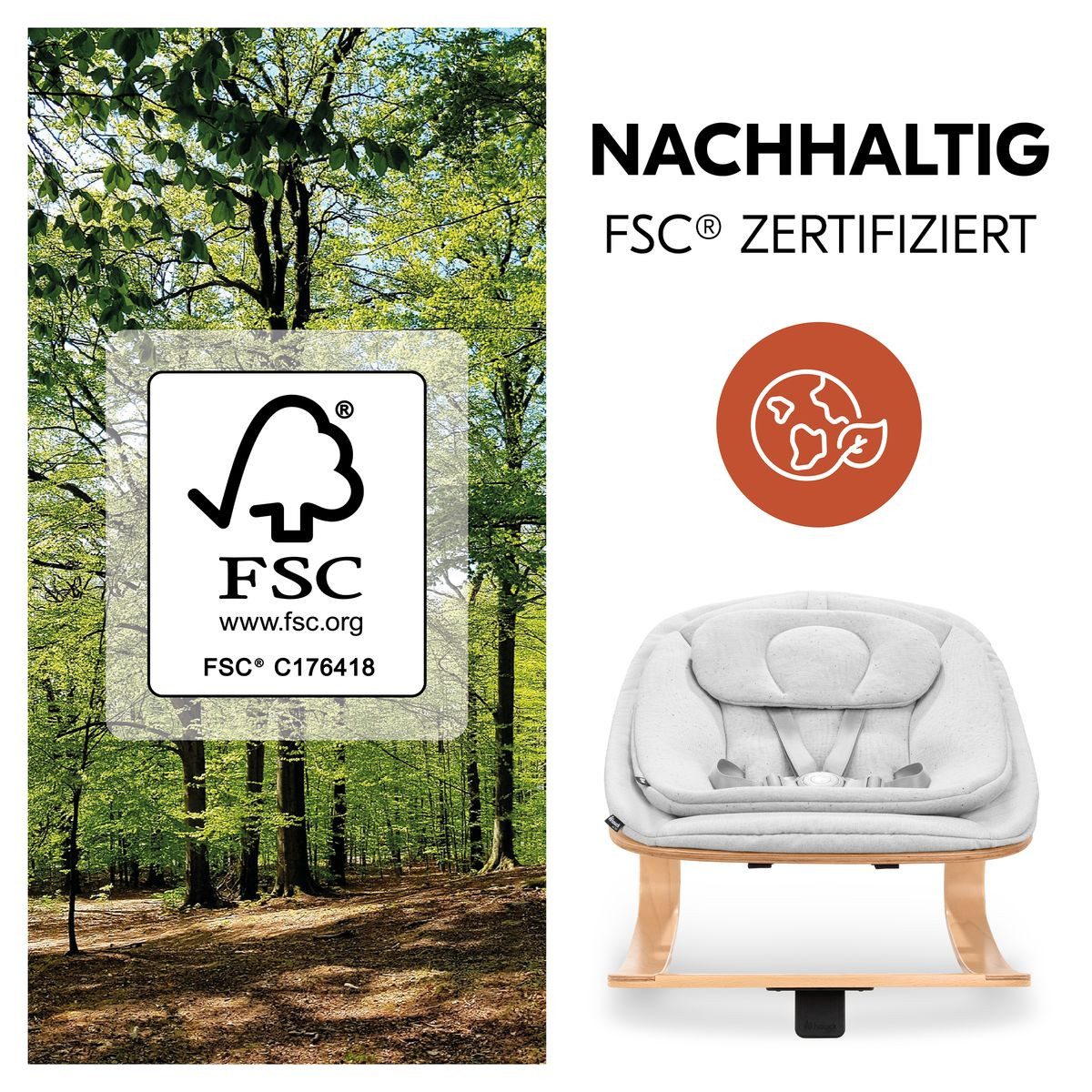 Hauck Hochstuhl Beta Plus Dark Grey Newbornset Eco - Light Grey (Set), Holz Babystuhl ab Geburt mit Neugeborenensufsatz, Sitzkissen, Essbrett – Bild 5 von 5