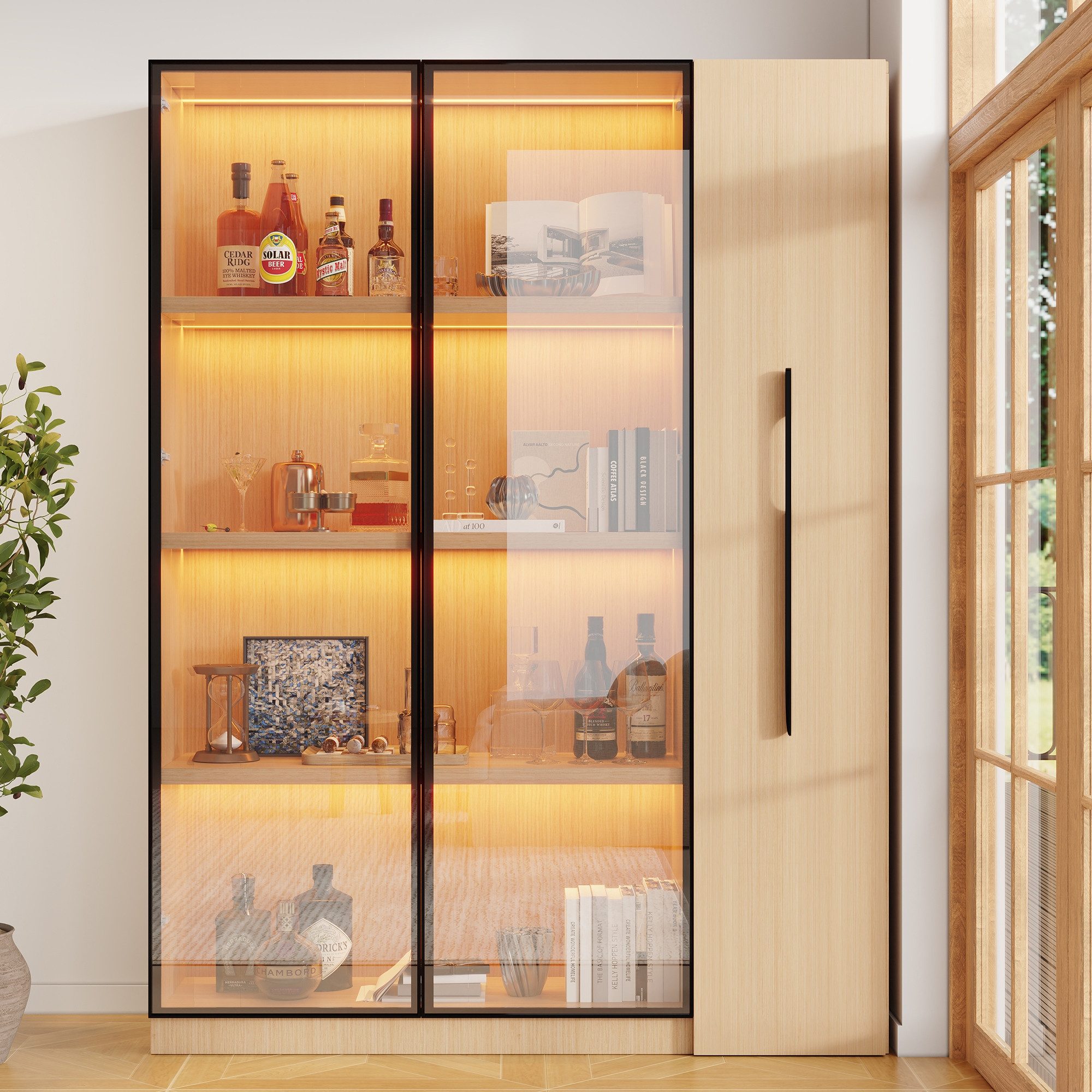 BlingBin Glasvitrine Standvitrine LED Glasvitrine 110x30x160 cm Schwarz aus MDF (1-St., mit Glasfront, ausziehbaren Regalen, Schubladen & Anti-Kipp) für Wohnzimmer/Küche/Büro