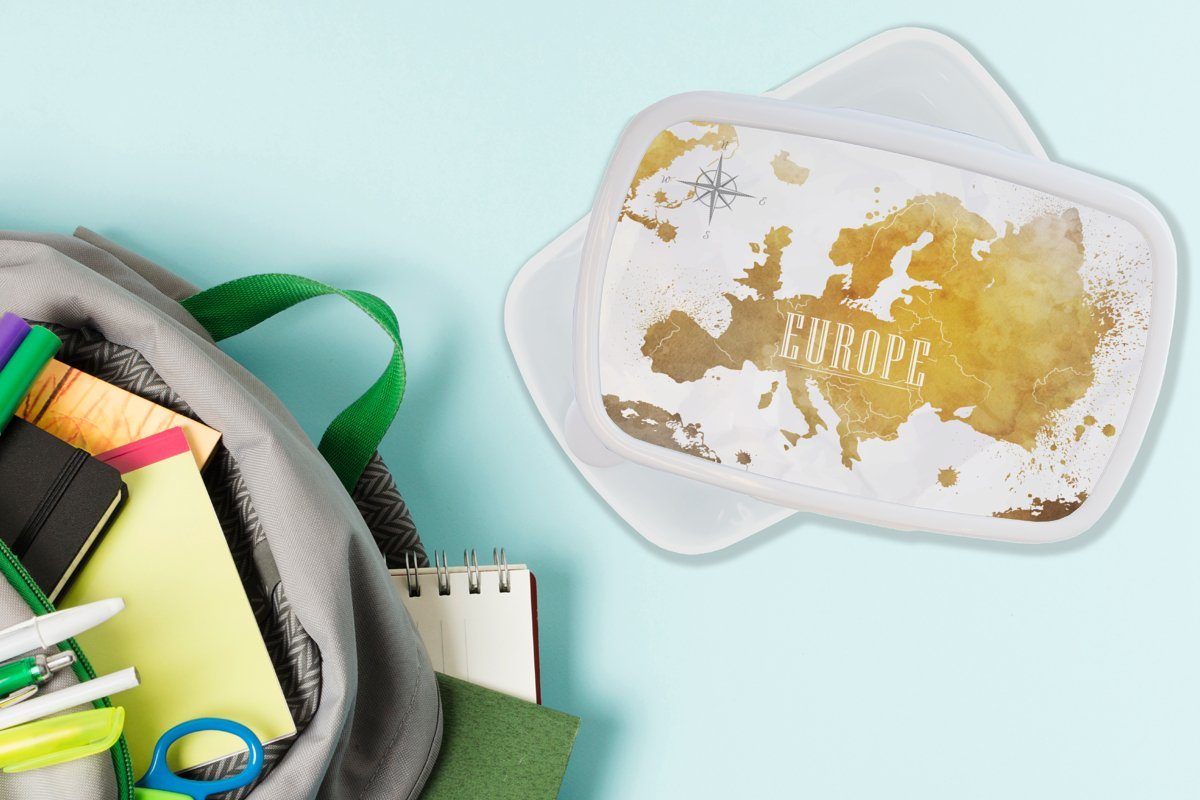 Mädchen und (2-tlg), Erwachsene, Jungs MuchoWow - Brotbox und für weiß Kunststoff, Brotdose, Kinder Weltkarten Lunchbox für Gold, Europa -
