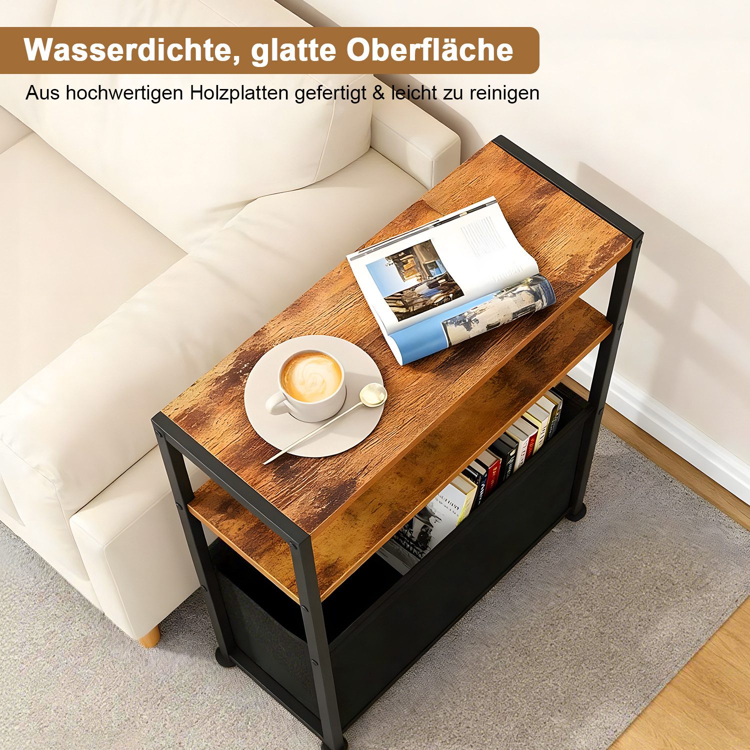 HEYHIPPO Ablageregal Schmaler Tisch mit Stoffkorb (65x40cm), platzsparend für kleine Räume, Schmales Nachttischchen mit Stoffkorb,65 cm hoch,bis 13,6 kg belastb – Bild 5 von 5
