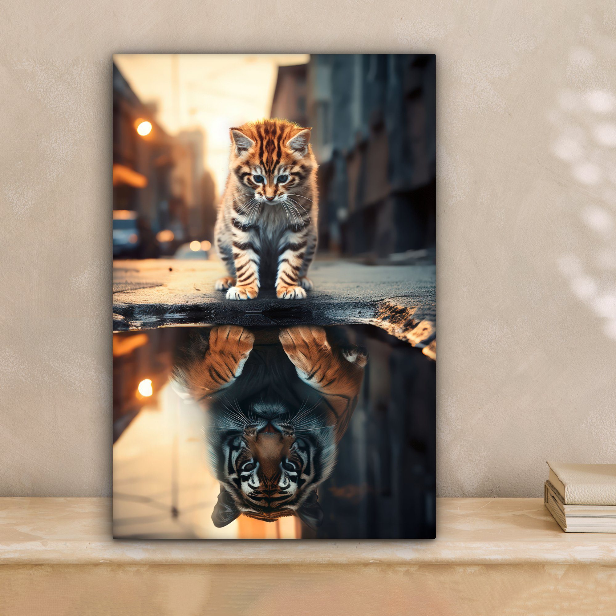 fertig inkl. 20x30 cm Katze OneMillionCanvasses® - Wasser Orange Zackenaufhänger, - bespannt - Tiger St), Gemälde, Leinwandbild Spiegelbild Streifen, - Straße - Leinwandbild (1 -