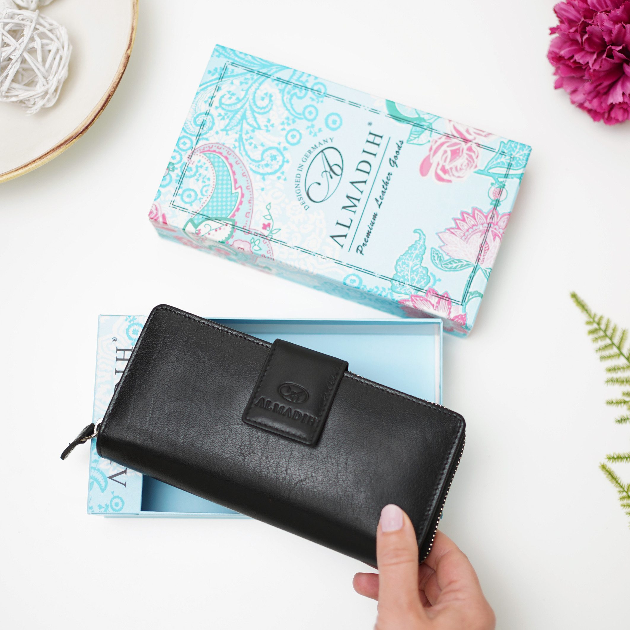 ALMADIH Geldbörse Damen leder mit 26 Kartenfächer Portemonnaie MILA mit Handyfach