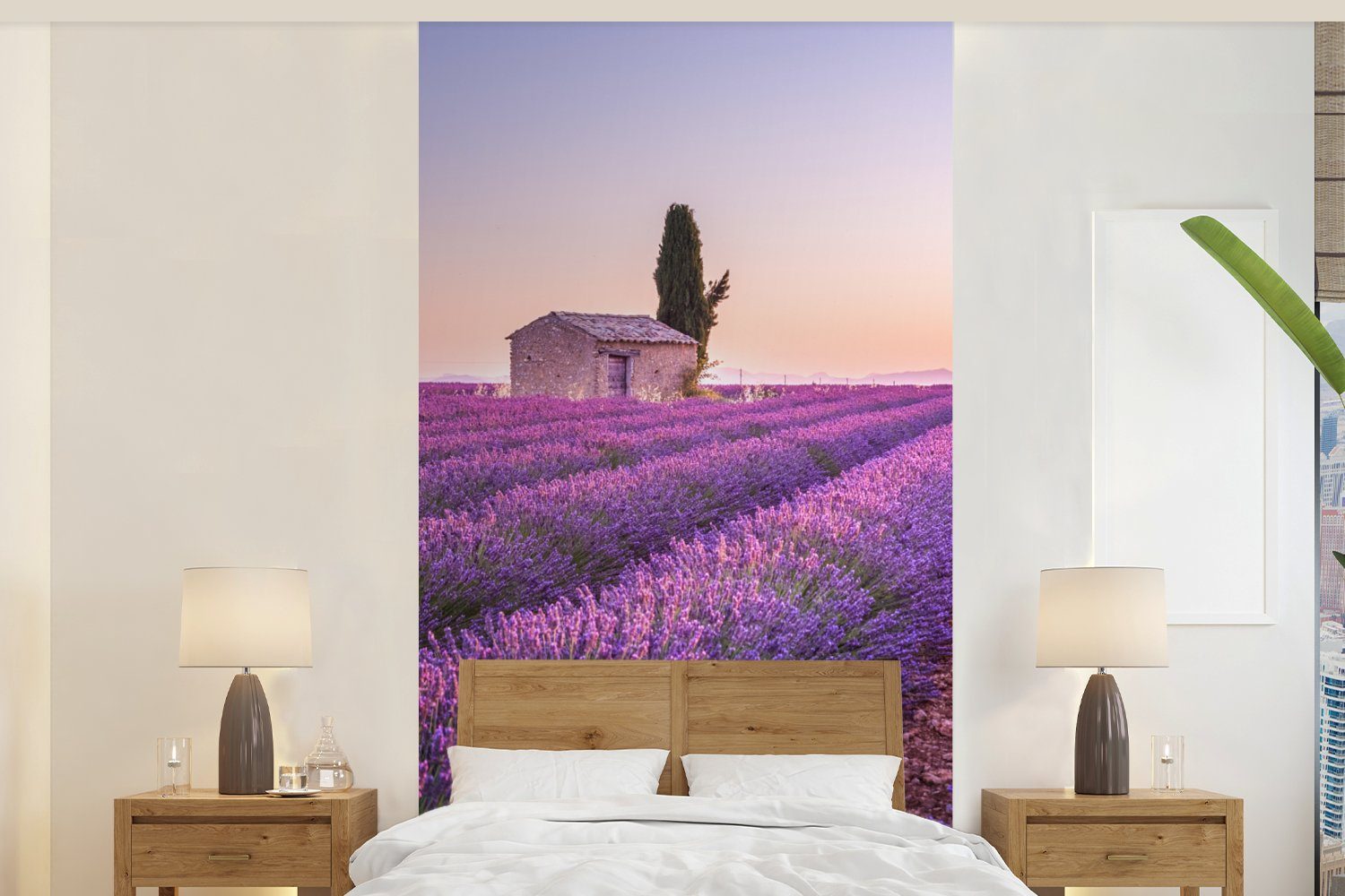 MuchoWow Fototapete Lavendel - Sonnenuntergang - Lila - Blumen, Matt, bedruckt, (2 St), Vliestapete für Wohnzimmer Schlafzimmer Küche, Fototapete