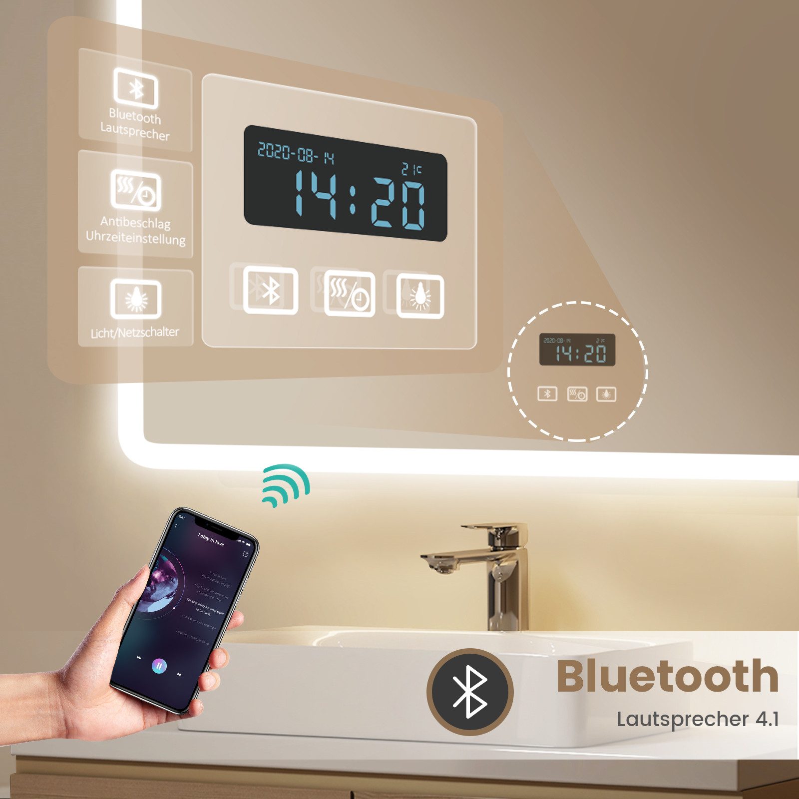 EMKE Badspiegel LED Badezimmerspiegel mit Beleuchtung Schminkspiegel 3-fach (Breite: 80~100cm, Touchschalter), 3 Lichtfarben, dimmbar, Antibeschlag, Uhr, Blueto – Bild 4 von 5