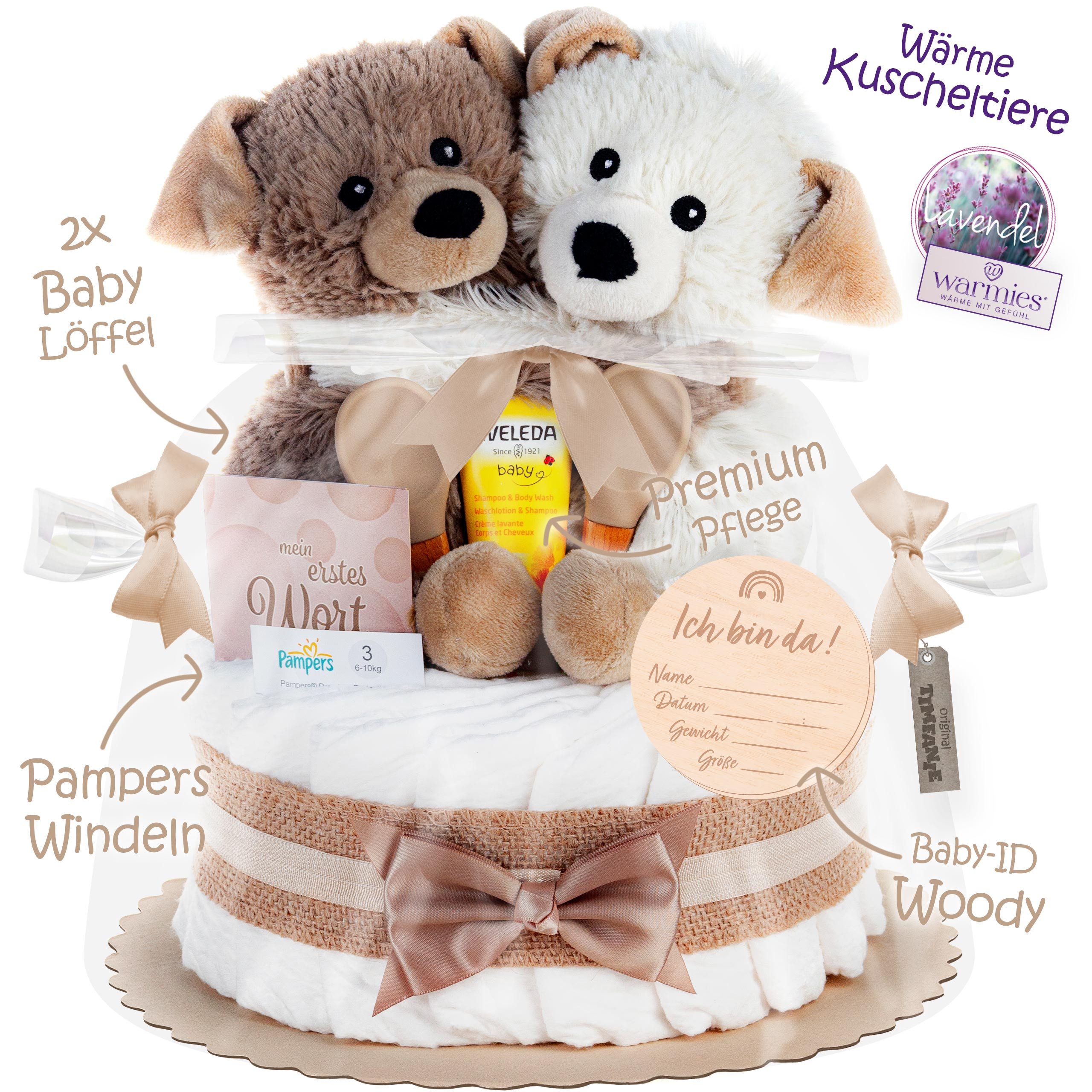 Timfanie Windeln & Wow, Windeltorte mit Warmies® Hunde Zwillinge, natur, 0-5 Monate (28-St., /Set: Premium Pampers + Kuscheltier + wertige Accessoires), Geschenk zur Geburt & Babyparty
