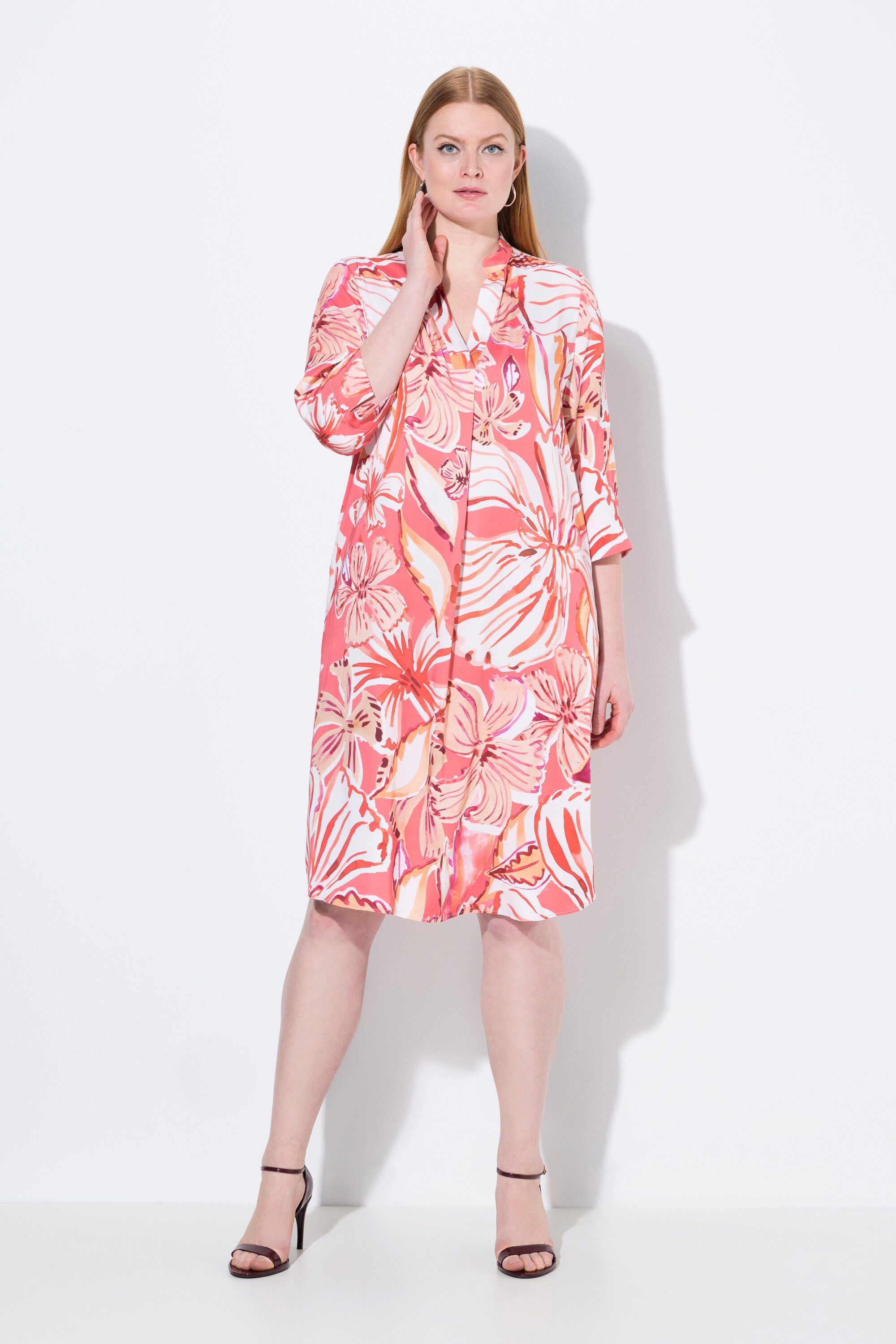 Ulla Popken Midikleid Kleid Blätter A-Linie Stehkragen 3/4-Arm günstig online kaufen