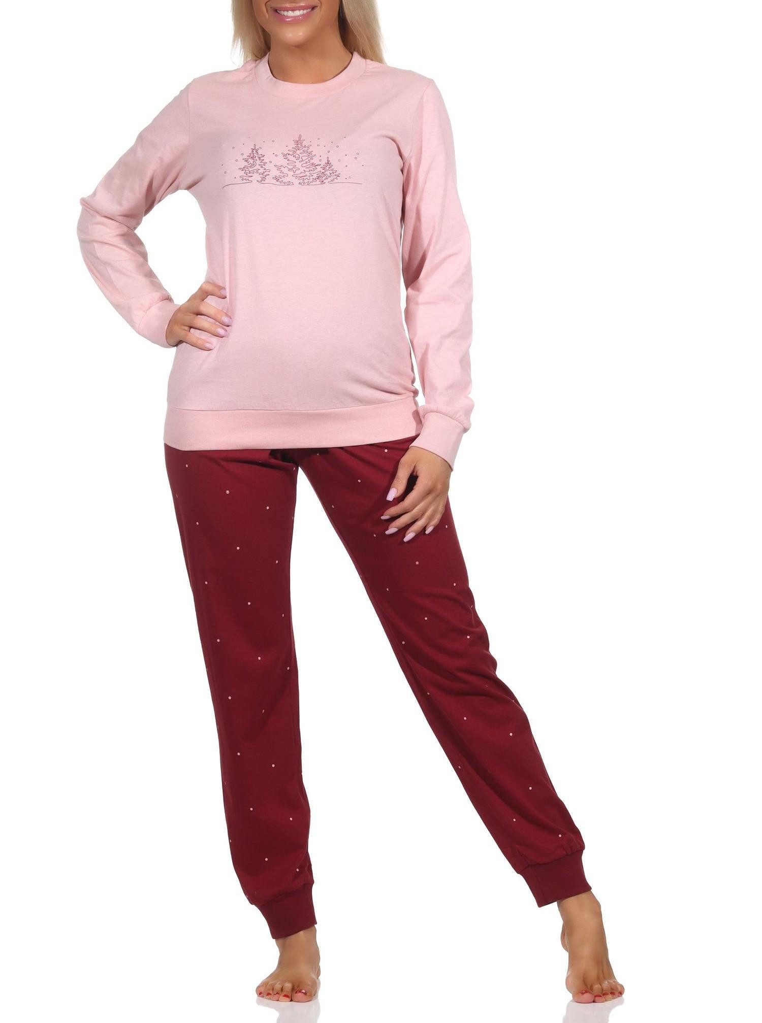 Pyjama Normann Damen langarm Schlafanzug mit Bündchen in winterlicher Optik