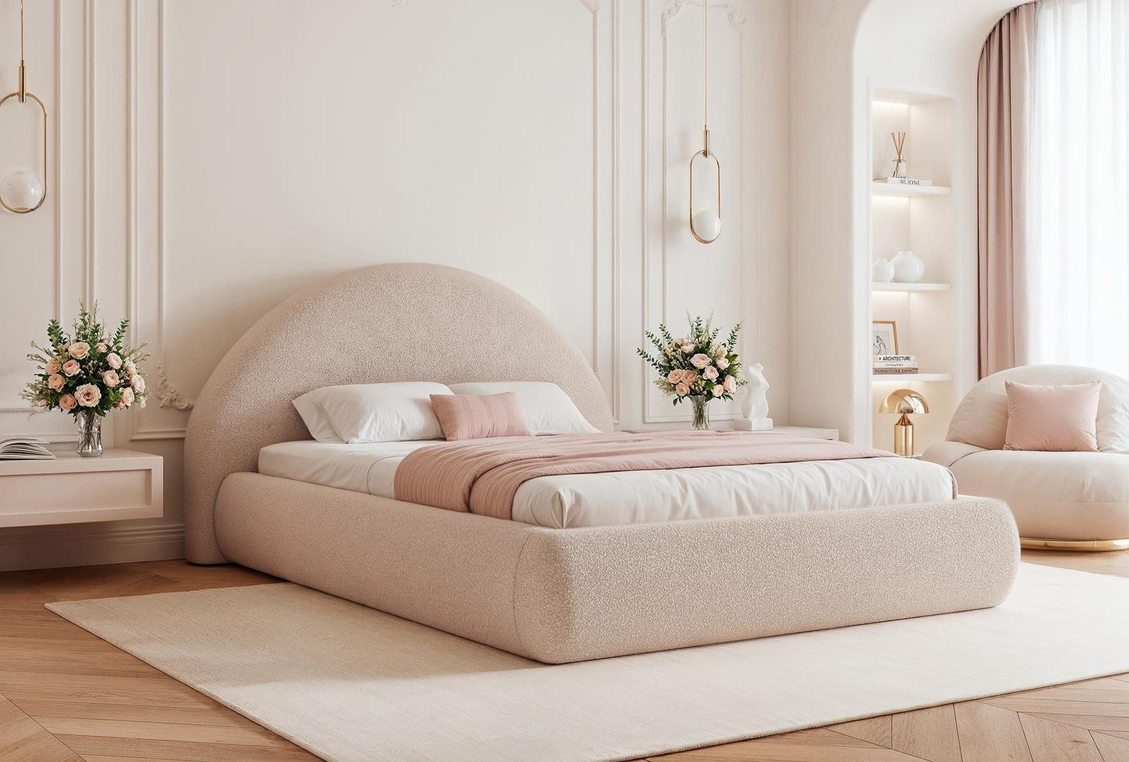 Polsterbett glamourös, Designerbett mit Bettkasten und Lattenrost, rundes Kopfteil