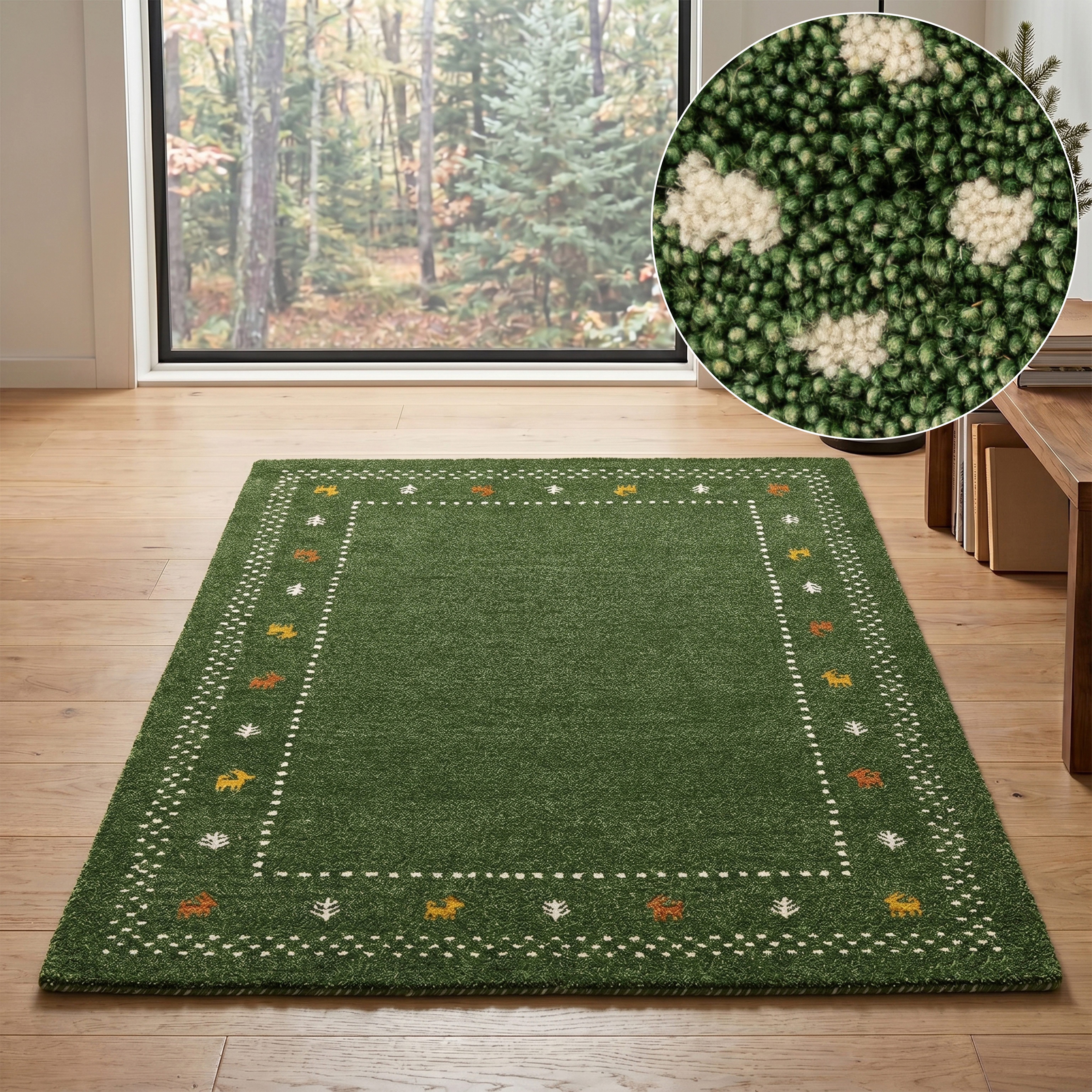 THEKO Wollteppich Gabbeh Bordüre, Handgefertigt, Teppich, Tiermotiv, reine Wolle, rechteckig, Höhe: 14 mm, Wohnzimmer, Schlafzimmer, Esszimmer