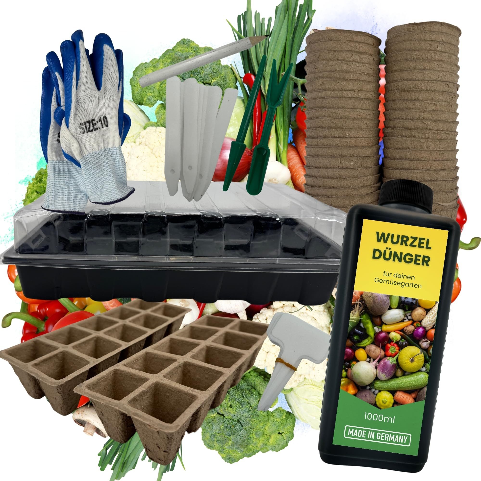 TronicXL Anzuchttopf Wurzeldünger Gemüsedünger + Zimmergewächshaus Set Anzuchtkasten Dünger (für Samen Steckling Anzuchttöpfe, Werkzeug Handschuhe), Anzucht Set Starter Pflanztöpfe