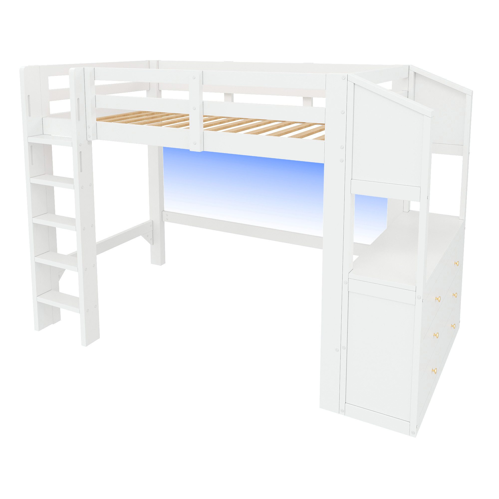 Ulife Hochbett 90x200 großes mit Schreibtisch, LED-Beleuchtung, Stauraum, weiß (3-St) – Bild 5 von 5