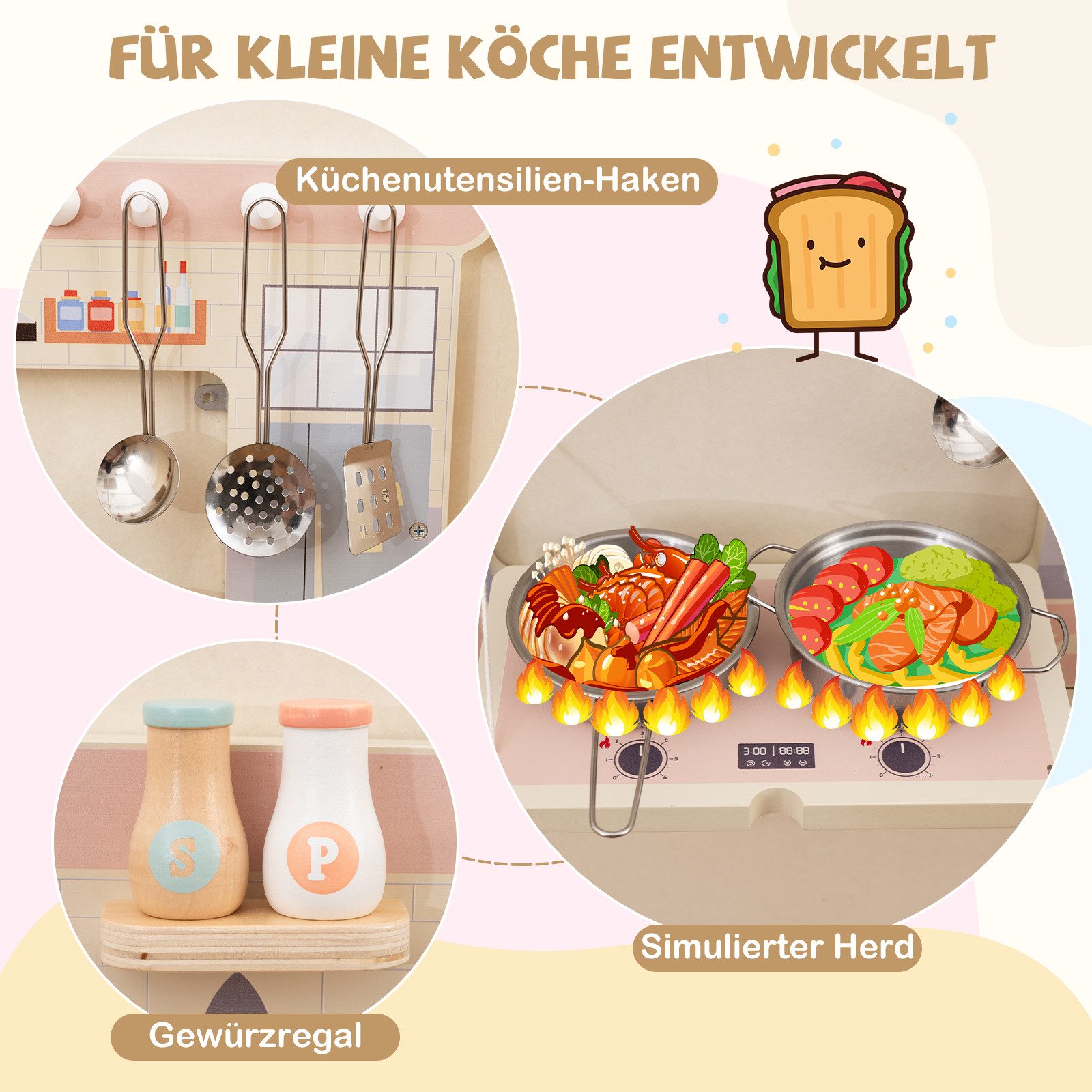 COSTWAY Motorikbrett, Wandmontiertes Activity Board mit Spielküche & Snackbar