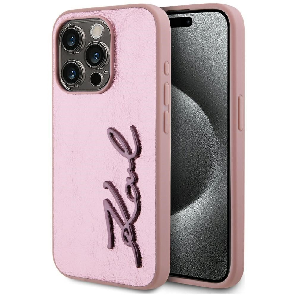 KARL LAGERFELD Handyhülle Schutzhülle Smartphonecover Hardcase 6,1 Zoll, Metallic-Kunstleder, Karl-Signatur, Hardcase