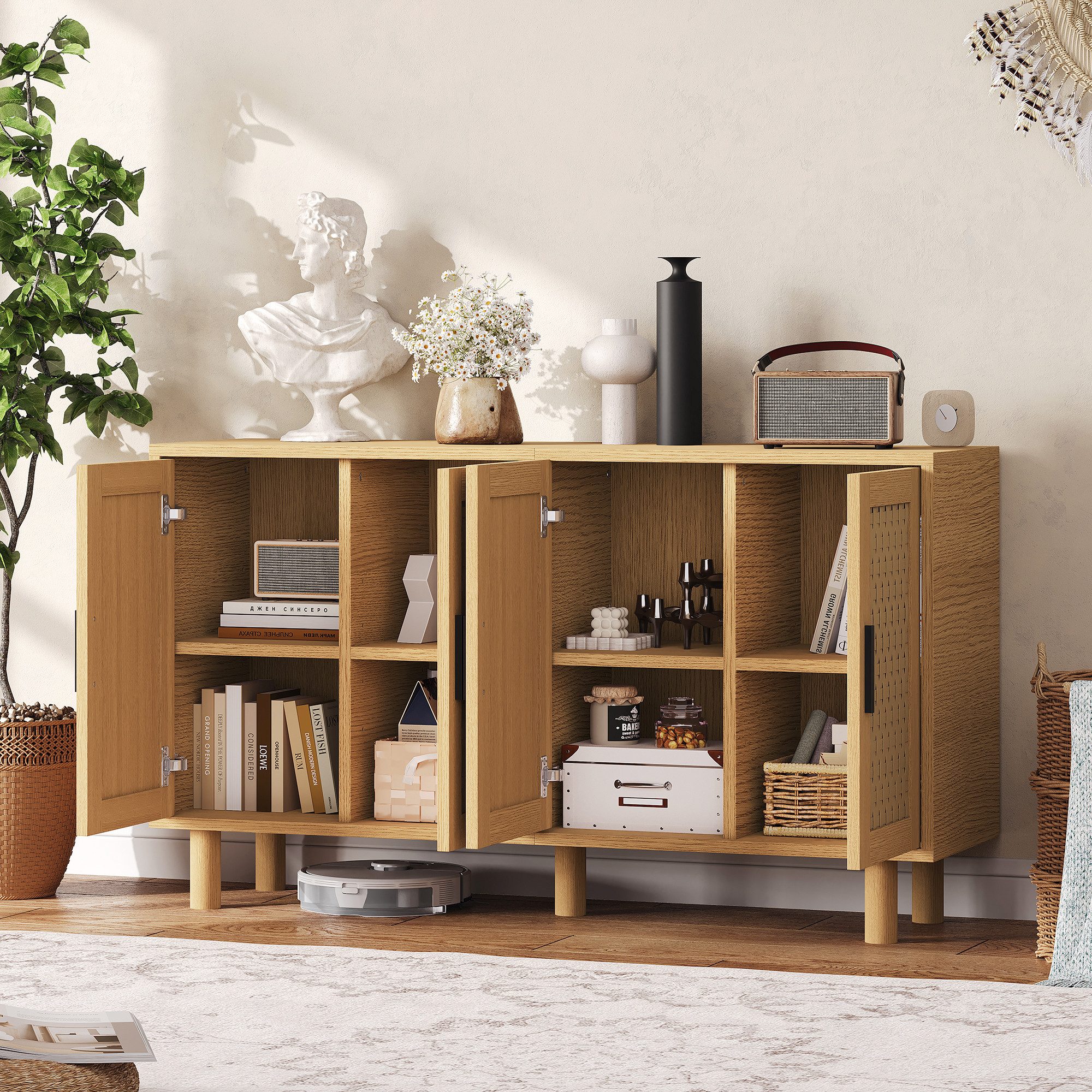 Simurq Kommode Sideboard Kommode Rattan-Optik 4 Türen 140 cm (Set, Buffetschrank Highboard mit 4 Rattan Türen), für Schlafzimmer, Wohnzimmer, Flur, 140 x 40 x 80 cm, Holzfarbe