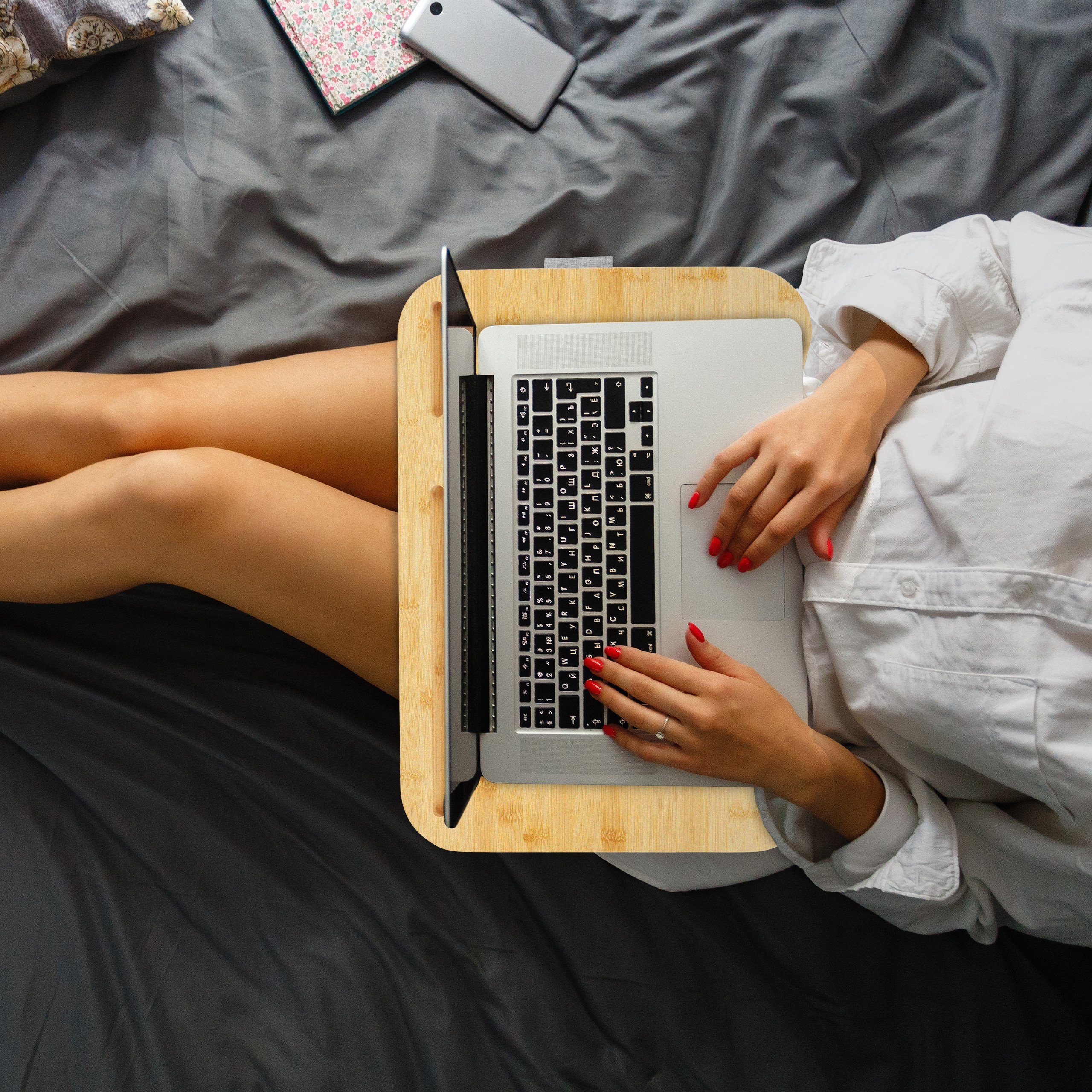 relaxdays Laptop Tablett Graues Laptopkissen mit Bambusablage, Bambus, (1-tlg)