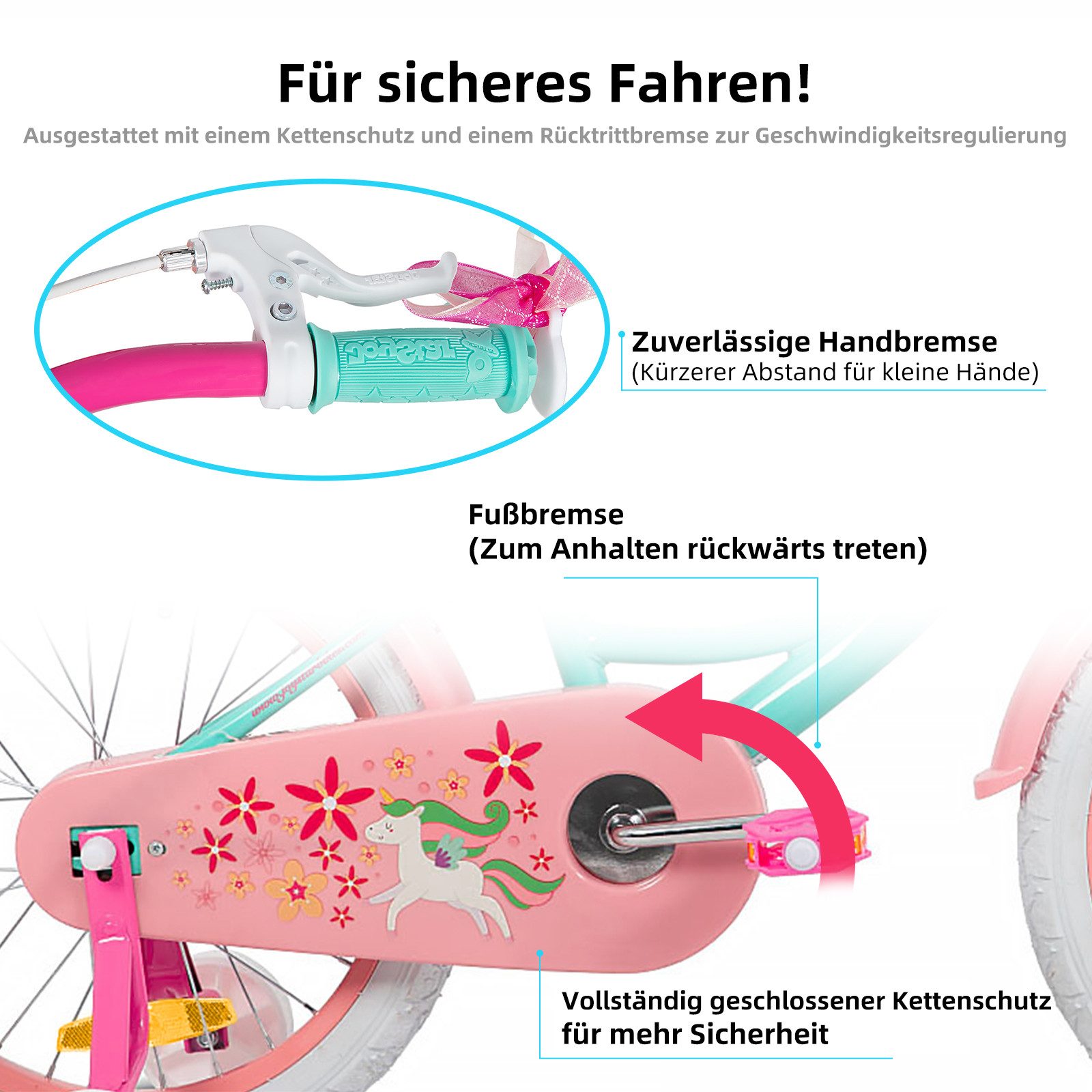 JOYSTAR Kinderfahrrad 12 14 16 18 Zoll Mädchenfahrrad, 2-9 Jahre, Geschenk für Prinzessin, 1 Gang, Puppenradsitz & Stützrädern& Korbstreamer, 18 Zoll mit Stützr – Bild 3 von 5