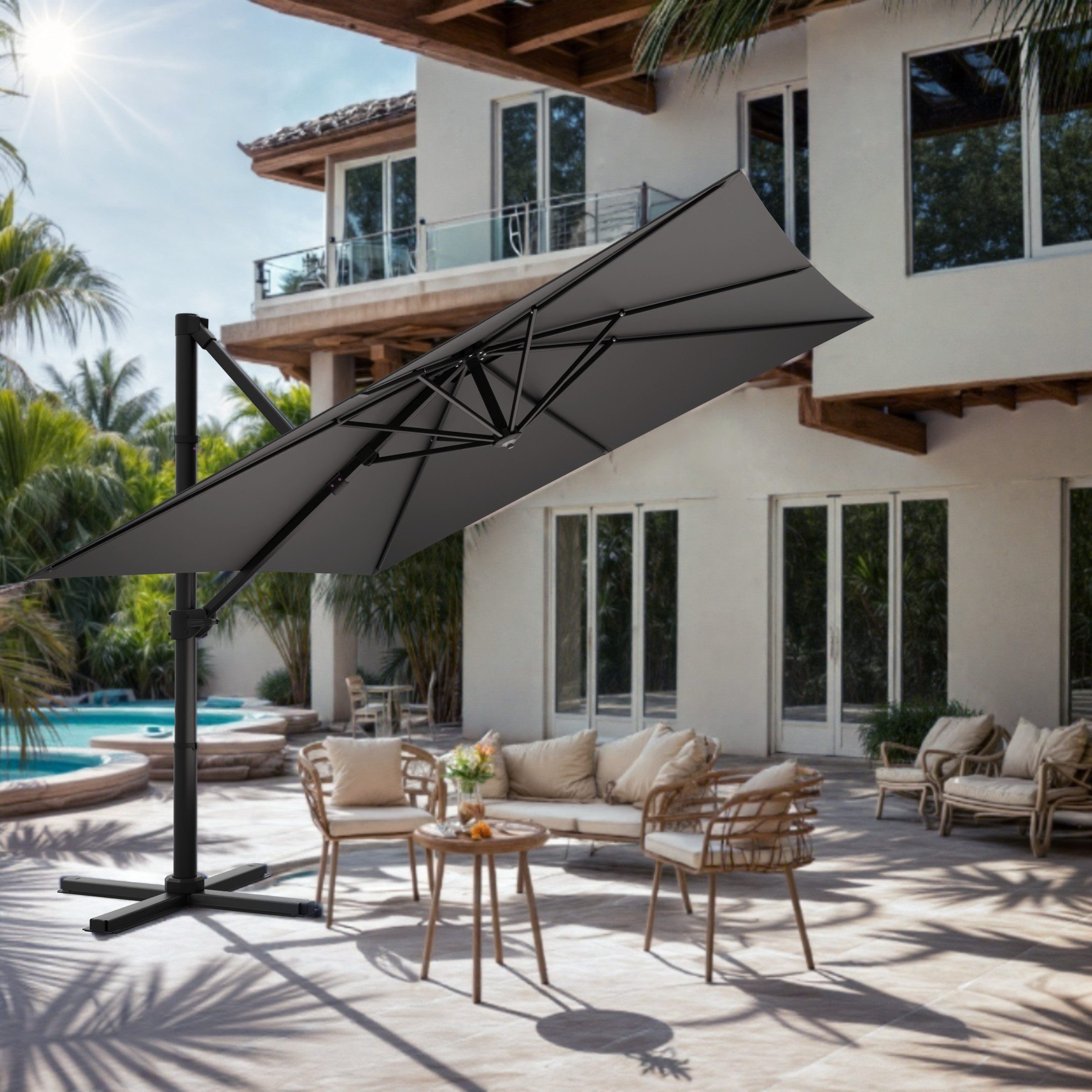 HOMALL Sonnenschirm 300x400 cm Ampelschirm mit Ständer, 360 Grad drehbar, UV-Schutz 50+, 300*400CM, φ330CM, 270*270CM, Gewicht 18-28KG, faltbar, geeignet für Garten, Terrasse, Schwimmbad