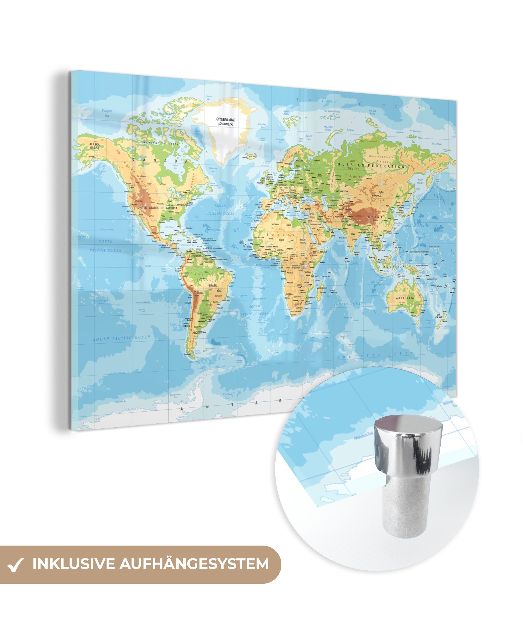 MuchoWow Acrylglasbild Weltkarte - Geographie - Atlas, (1 St), Glasbilder - Bilder auf Glas Wandbild - Foto auf Glas - Wanddekoration