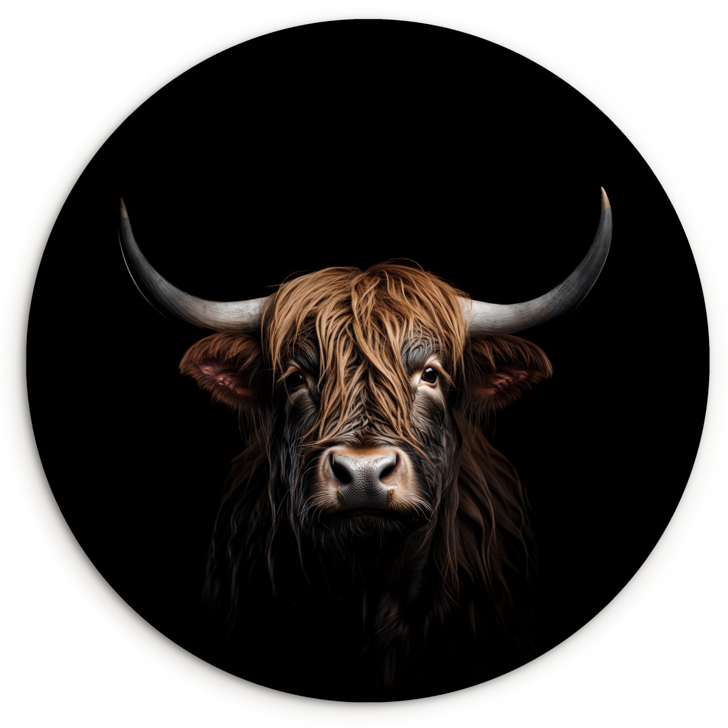 MuchoWow Gemälde Schottischer Highlander - Porträt - Schwarz - Tier, Fotodruck (1 St), Kreis Wanddekoration, Rundes Wandbild, 30x30 cm