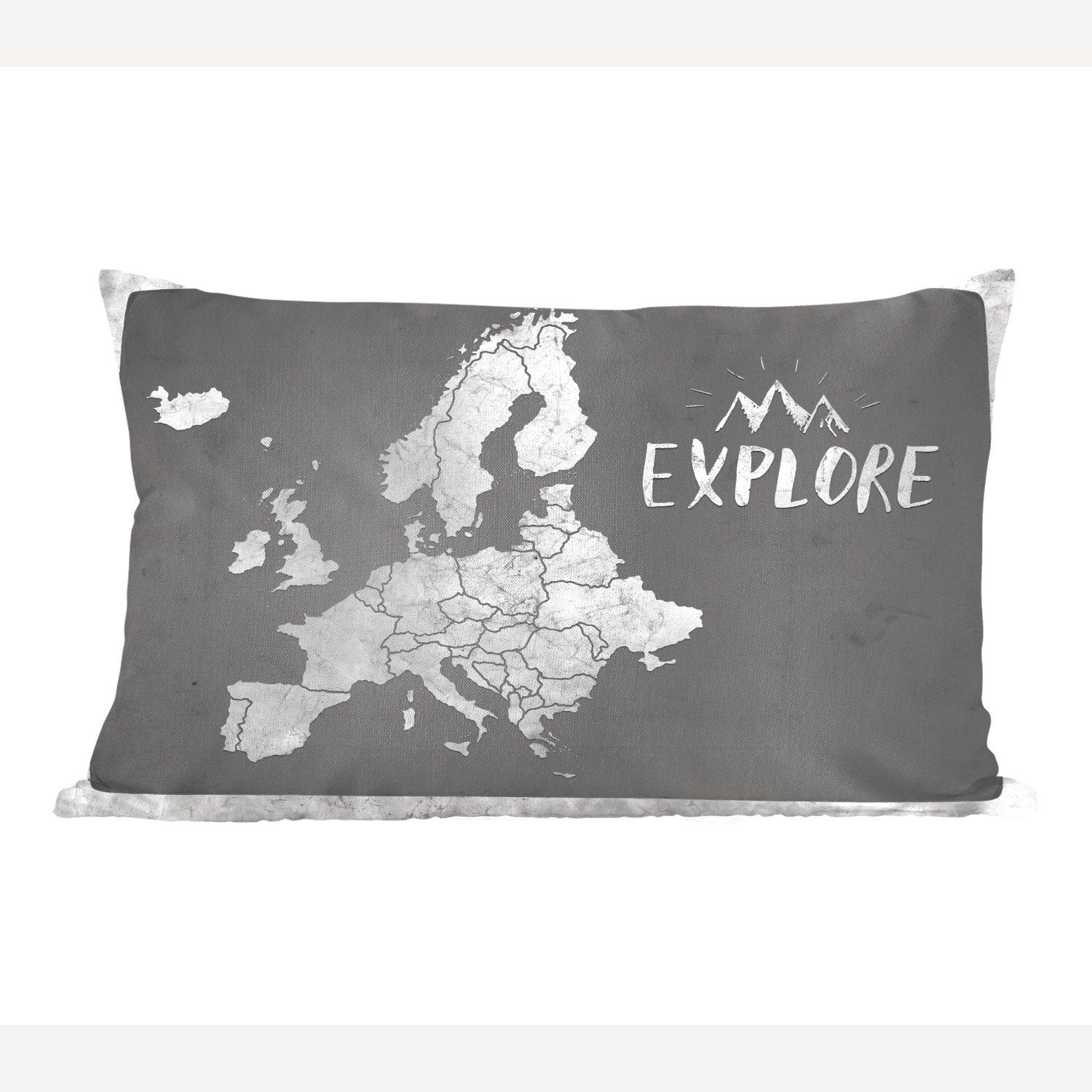 MuchoWow Dekokissen Vintage Eurocard mit dem Text "Explore" - schwarz und weiß, Wohzimmer Dekoration, Zierkissen, Dekokissen mit Füllung, Schlafzimmer